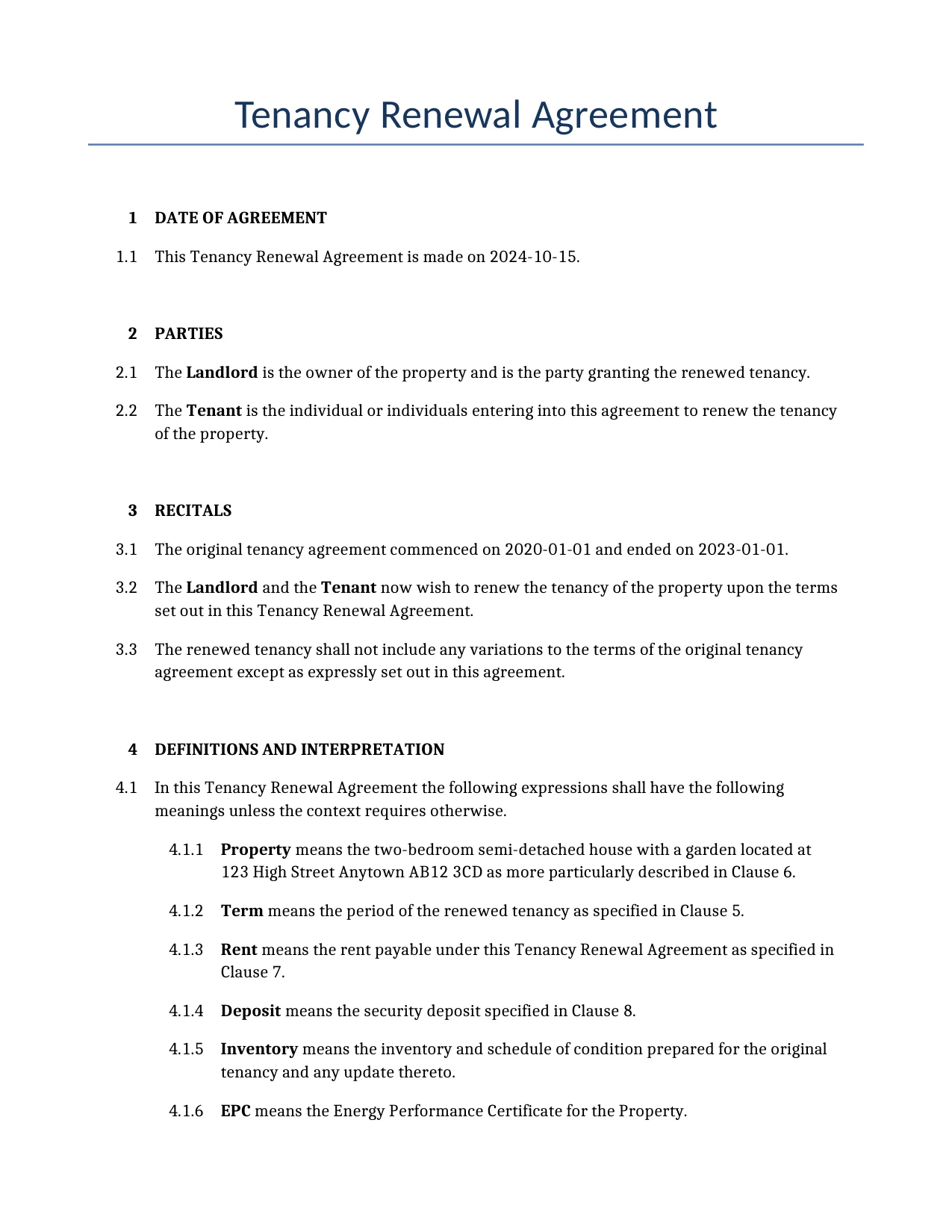 Example of a Tenancy Renewal Agreement for use in the United Kingdom</b> generated by our AI model. 