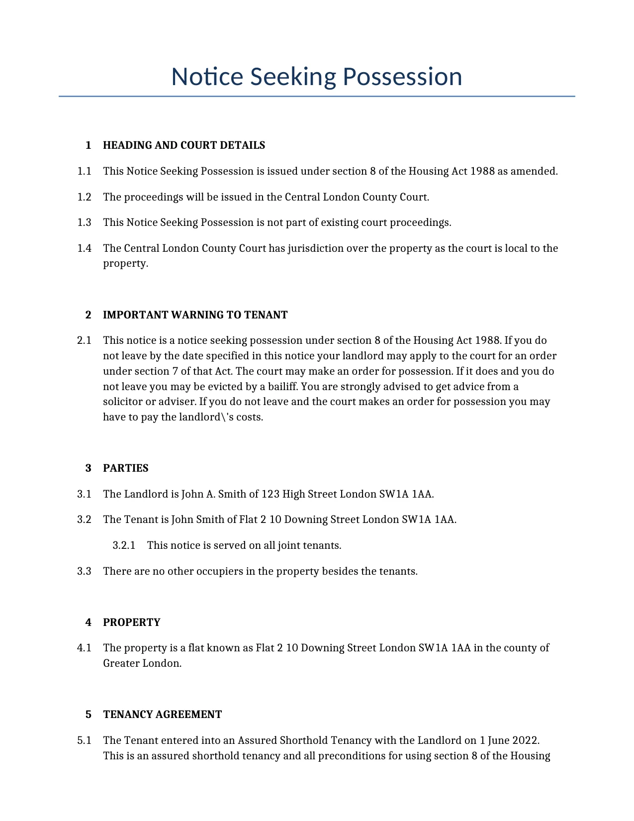 Example of a Notice Seeking Possession for use in the United Kingdom</b> generated by our AI model. 