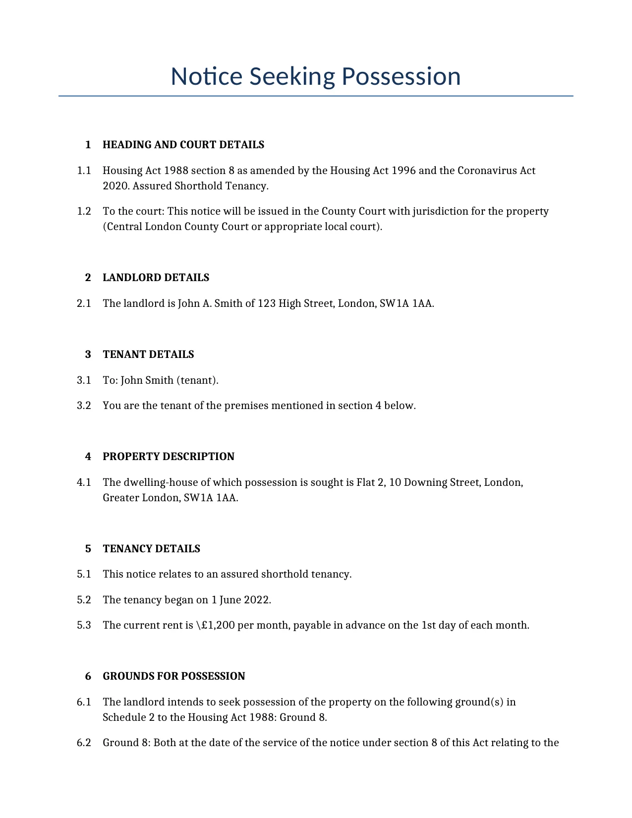Example of a Notice Seeking Possession for use in the United Kingdom</b> generated by our AI model.