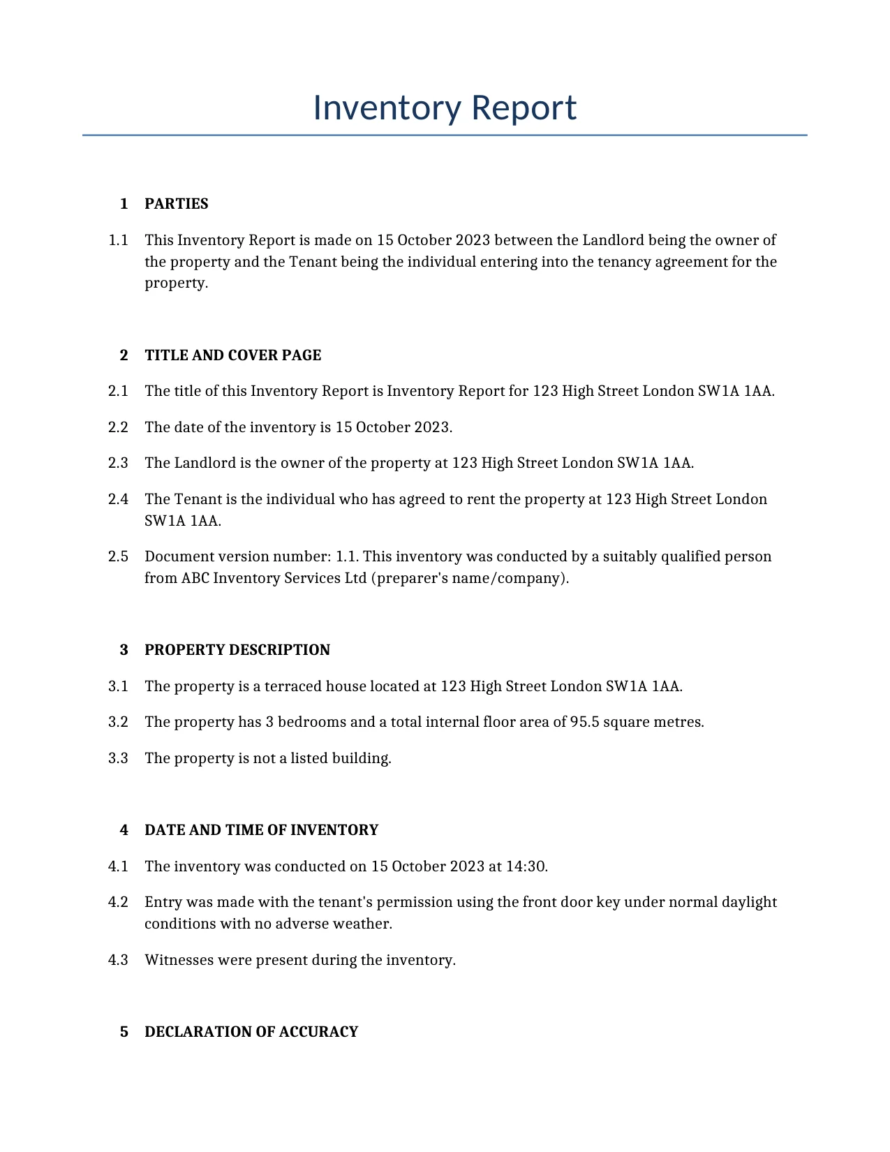 Example of a Inventory Report for use in the United Kingdom</b> generated by our AI model.