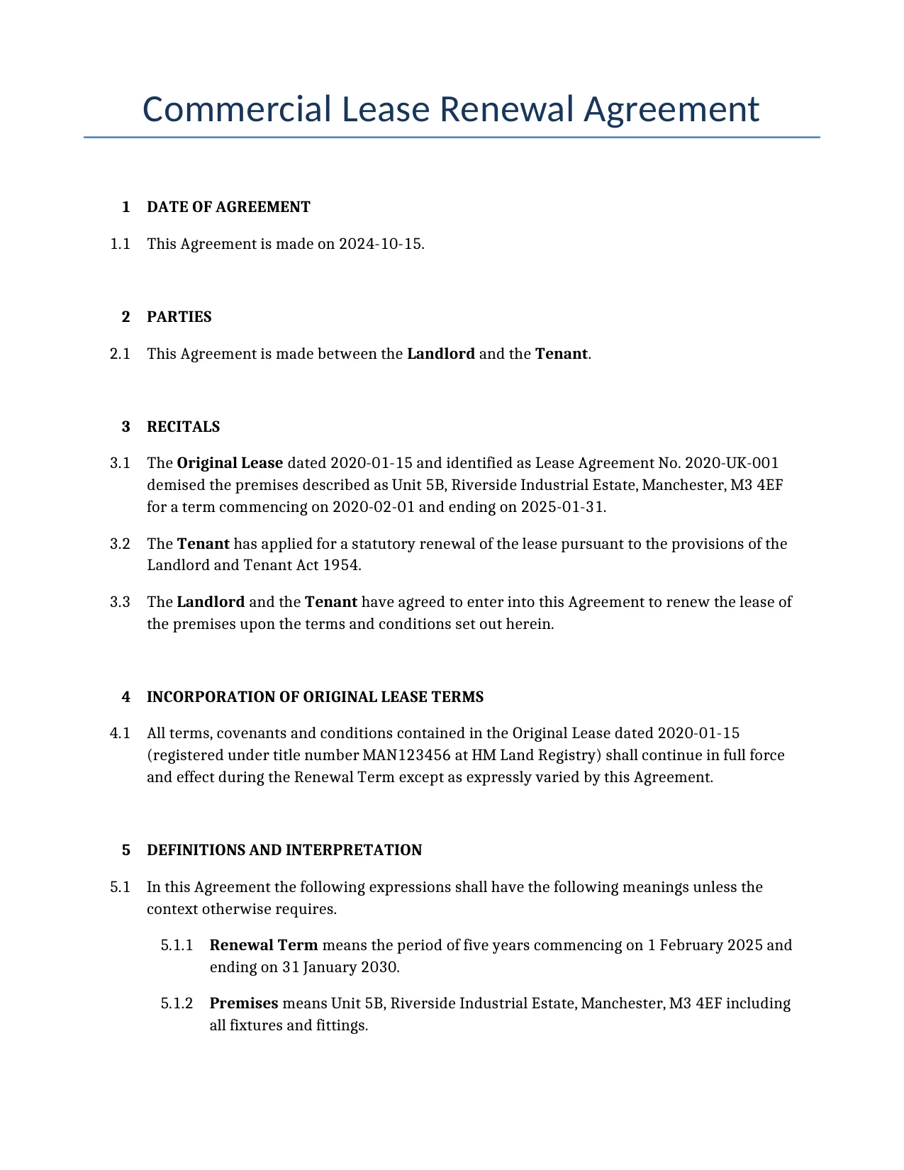Example of a Commercial Lease Renewal Agreement for use in the United Kingdom</b> generated by our AI model.