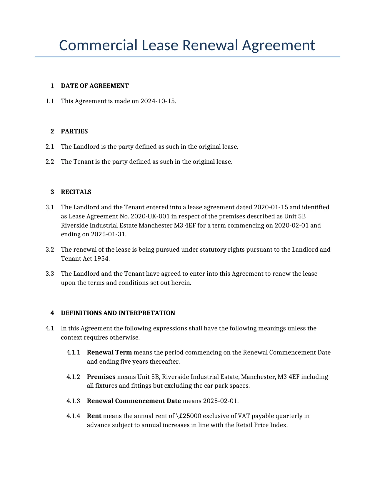 Example of a Commercial Lease Renewal Agreement for use in the United Kingdom</b> generated by our AI model.