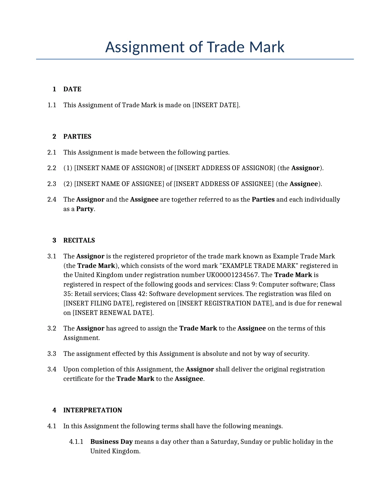 Example of a Assignment of Trade Mark for use in the United Kingdom</b> generated by our AI model. 