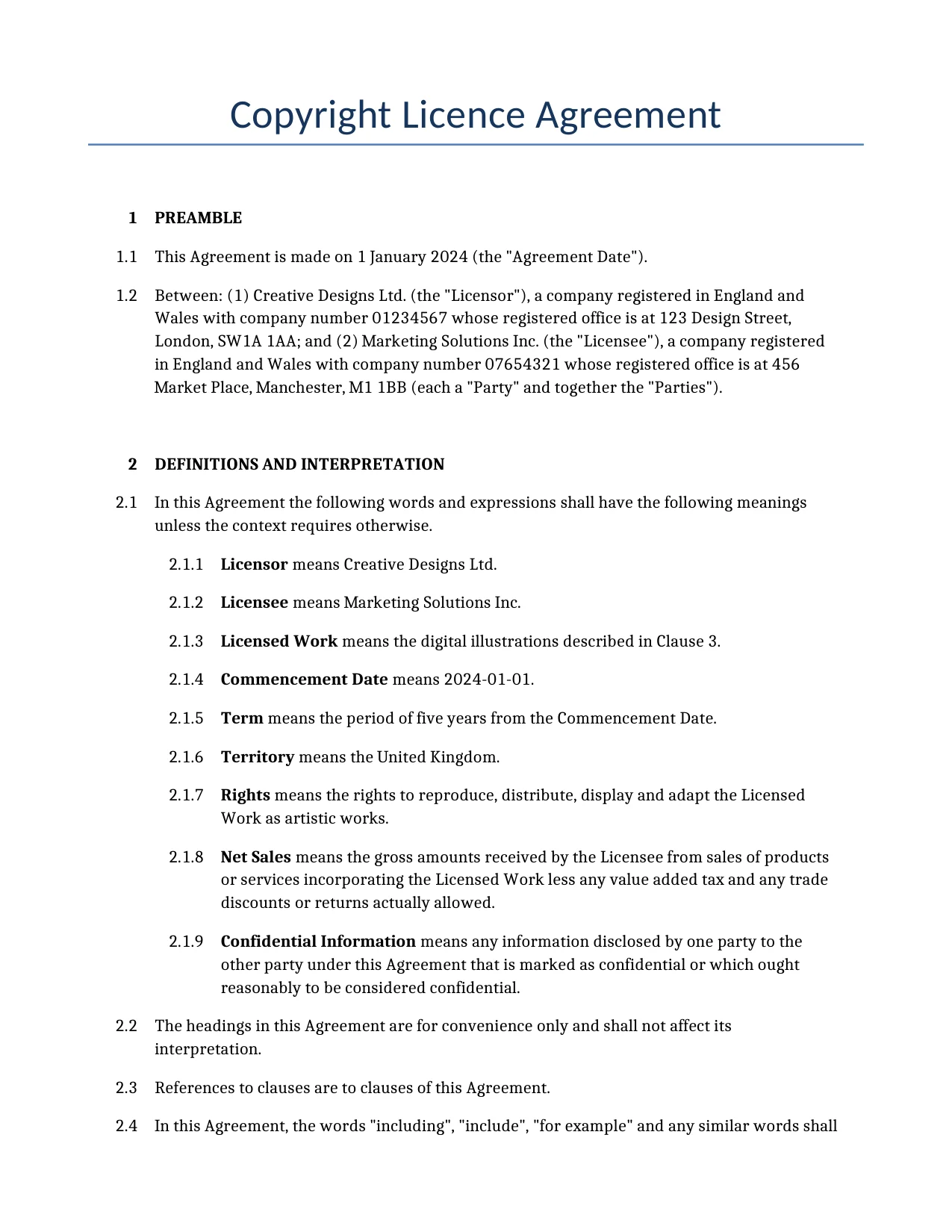 Example of a Copyright Licence Agreement for use in the United Kingdom</b> generated by our AI model. 