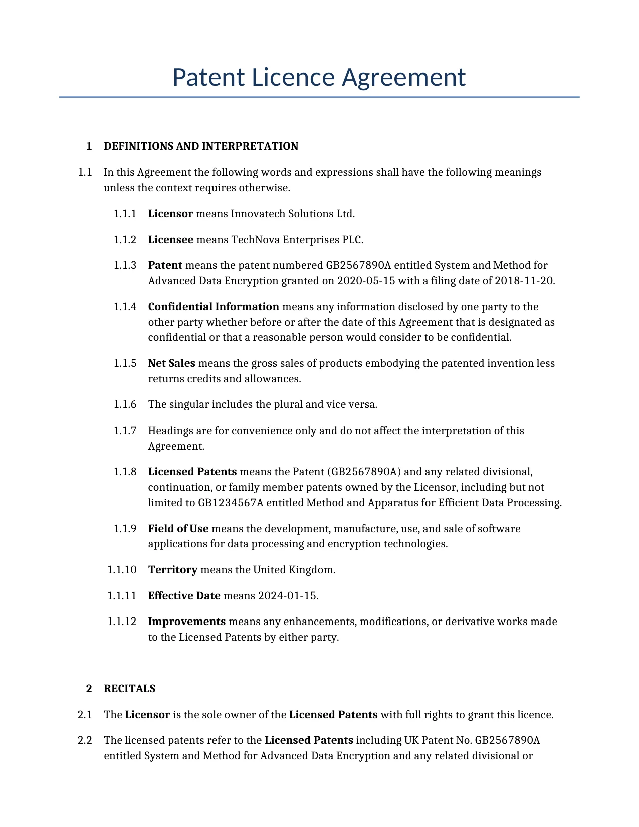 Example of a Patent Licence Agreement for use in the United Kingdom</b> generated by our AI model. 
