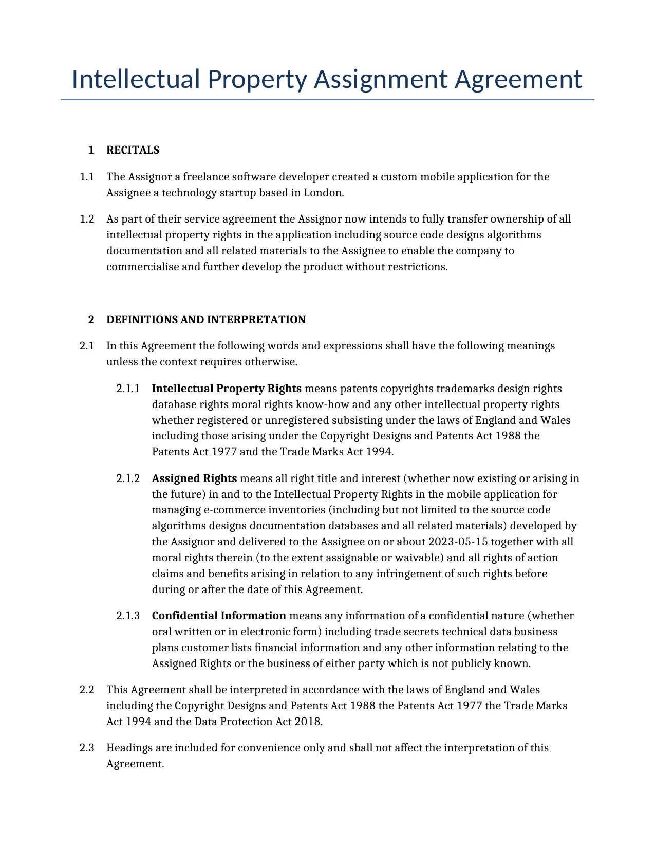 Example of a Intellectual Property Assignment Agreement for use in the United Kingdom</b> generated by our AI model. 