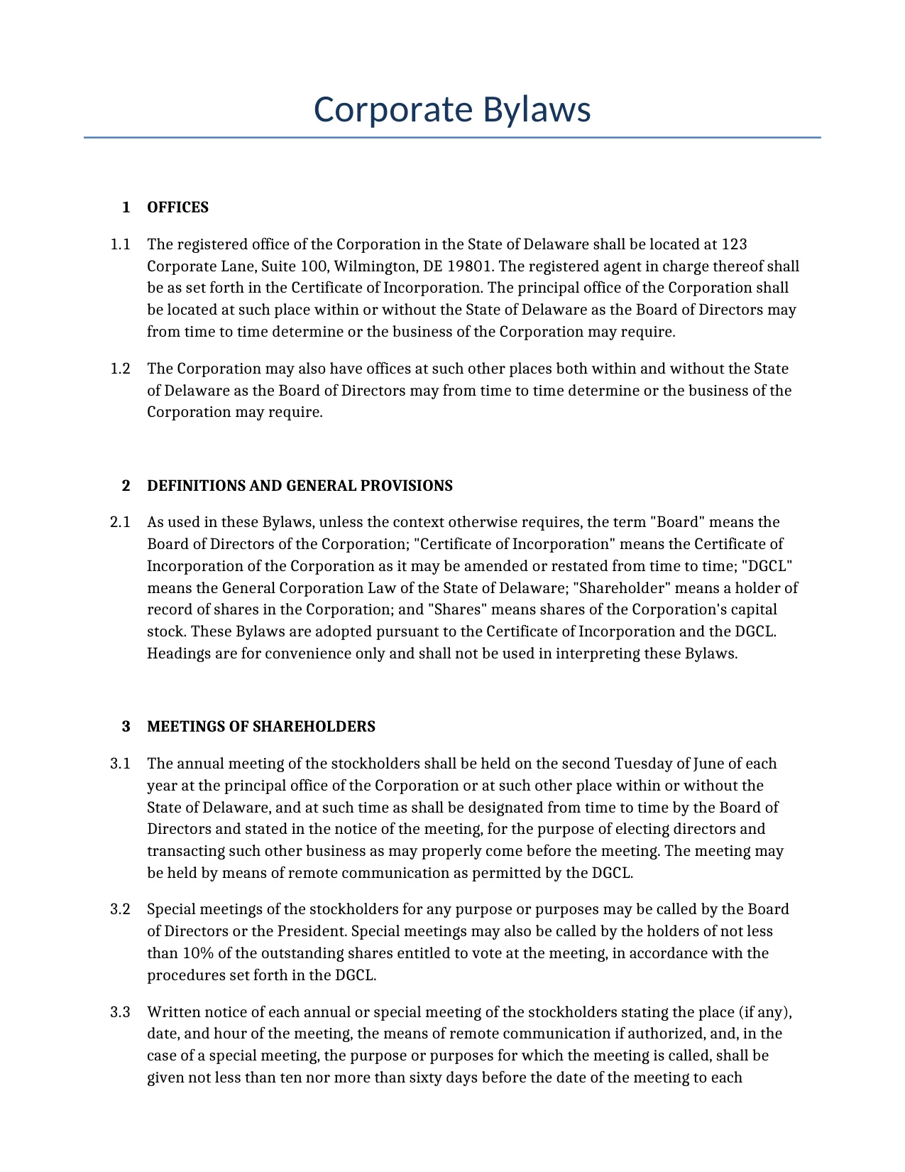 Example of a Corporate Bylaws for use in the United States</b> generated by our AI model. 