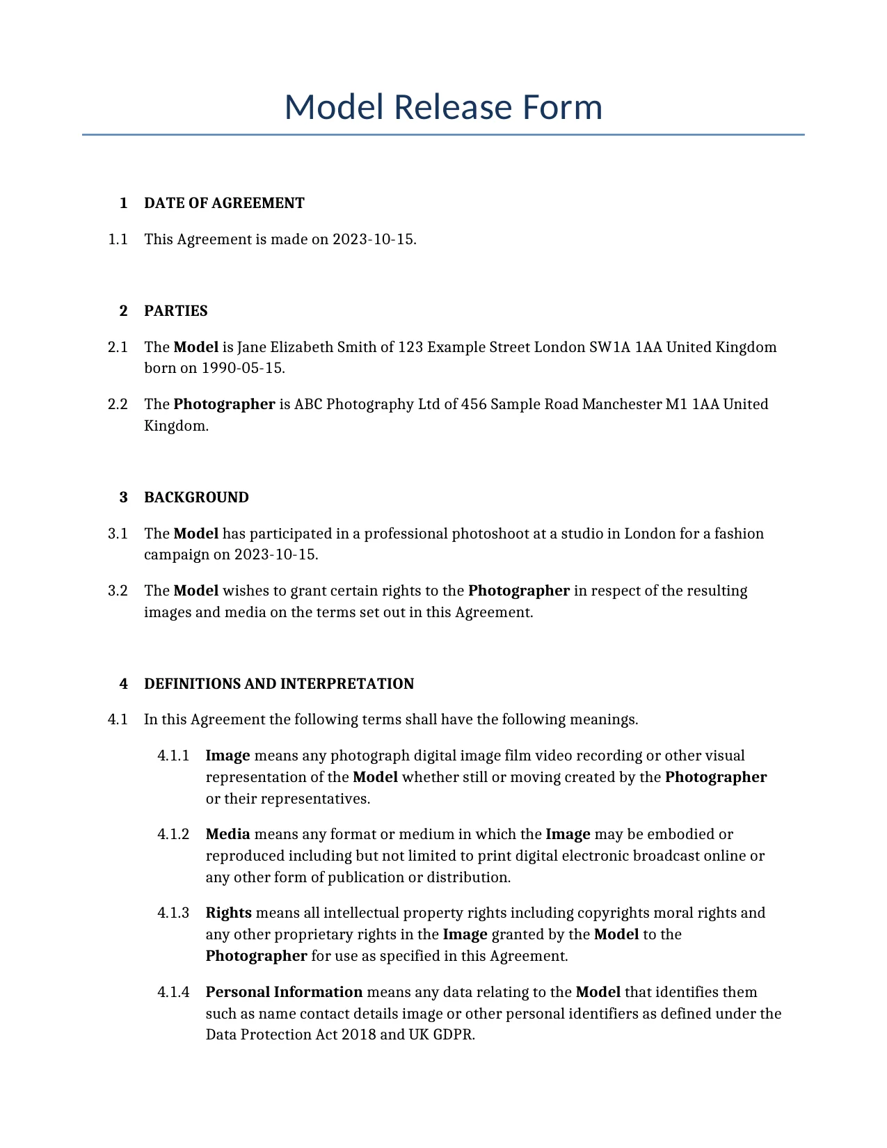 Example of a Model Release Form for use in the United Kingdom</b> generated by our AI model. 