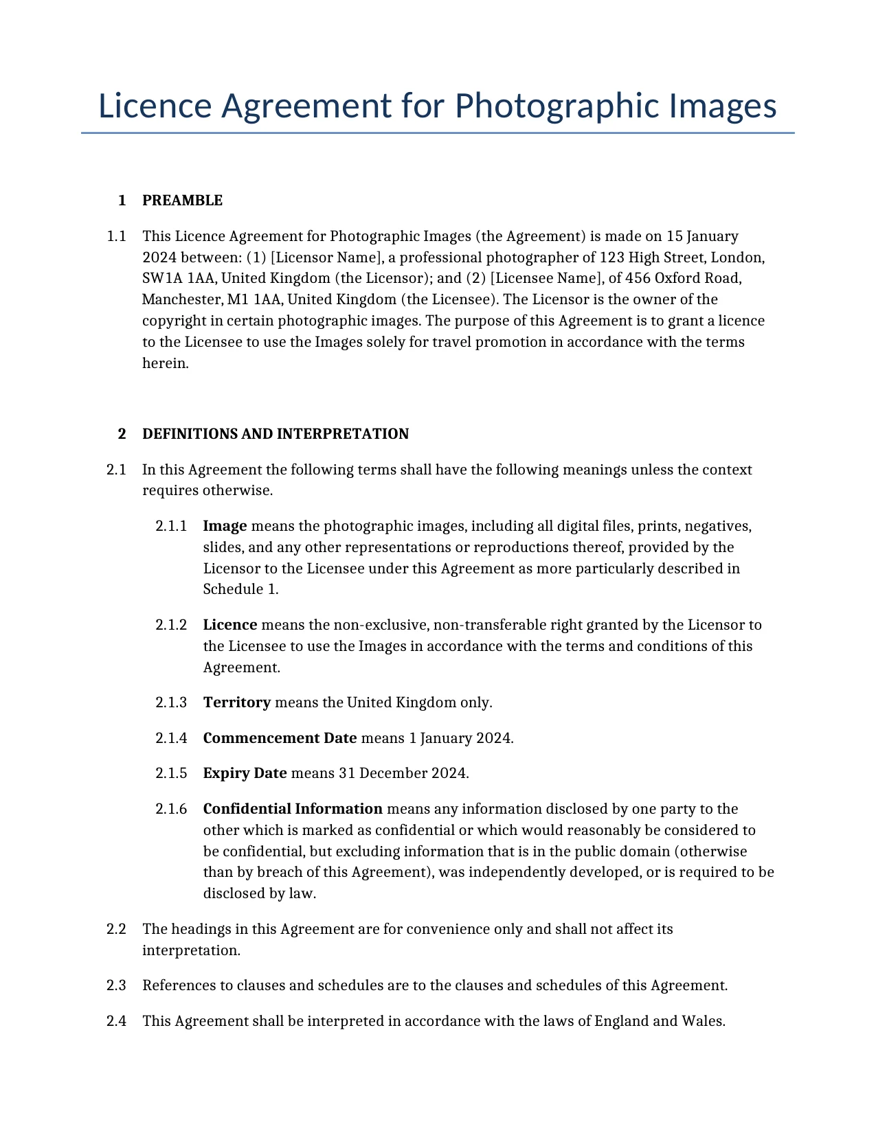 Example of a Licence Agreement for Photographic Images for use in the United Kingdom</b> generated by our AI model. 