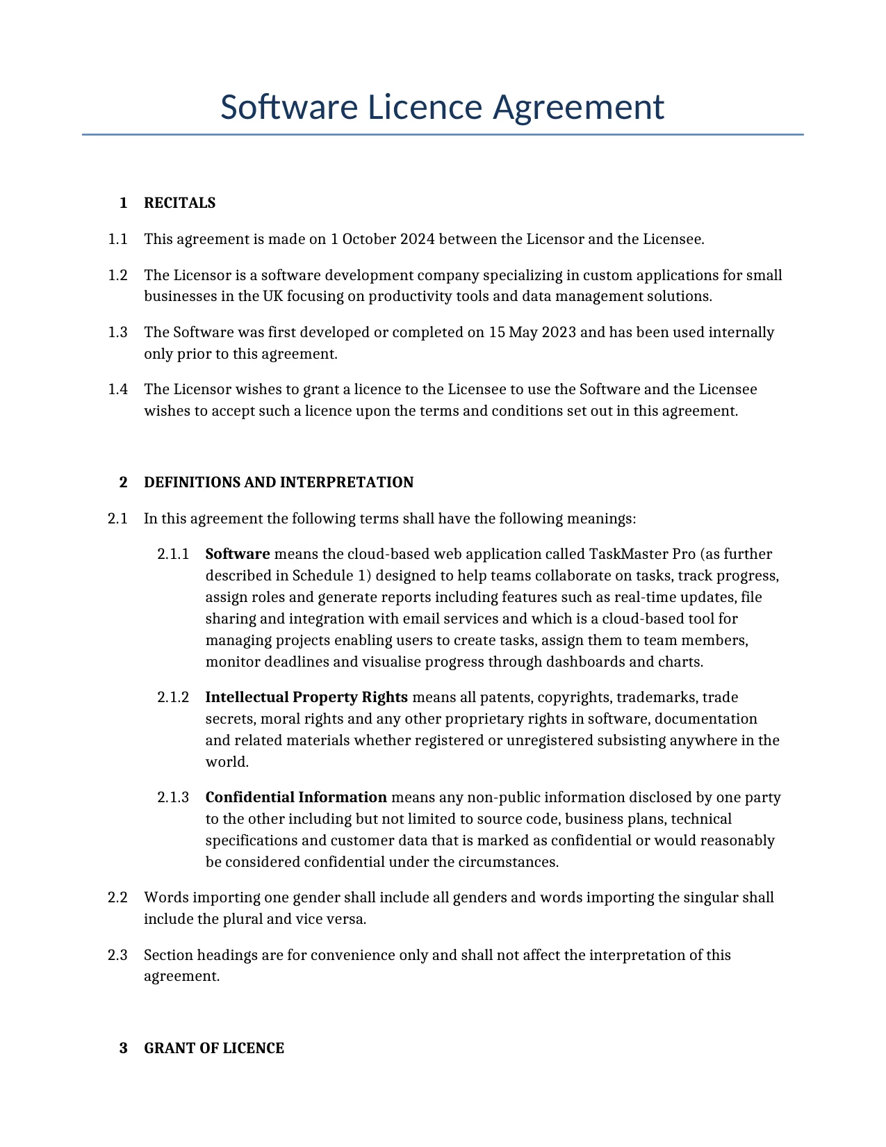 Example of a Software Licence Agreement for use in the United Kingdom</b> generated by our AI model. 