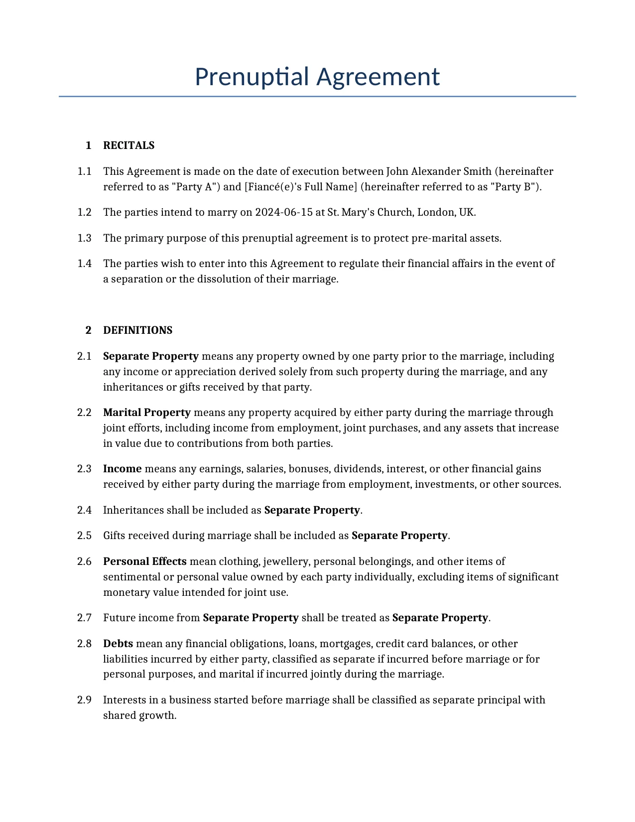 Example of a Prenuptial Agreement for use in the United Kingdom</b> generated by our AI model. 