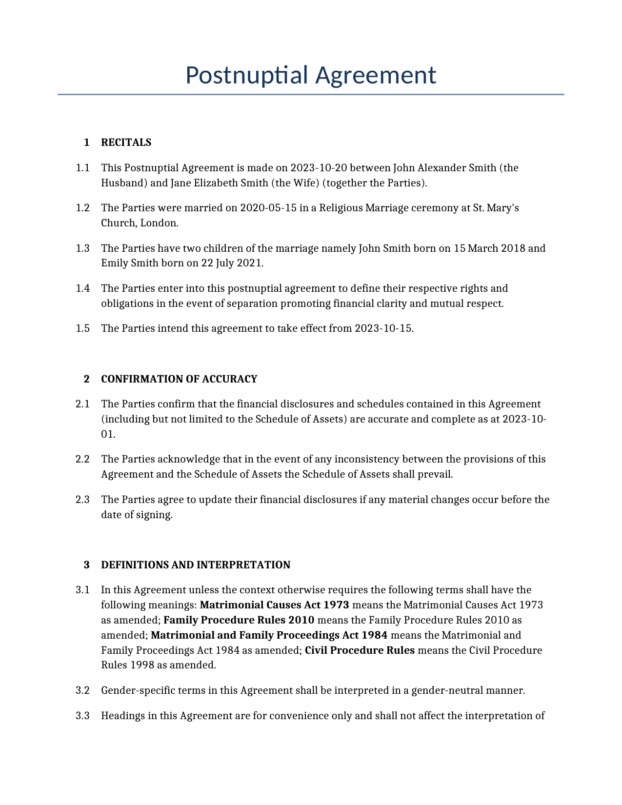 Example of a Postnuptial Agreement for use in the United Kingdom</b> generated by our AI model. 