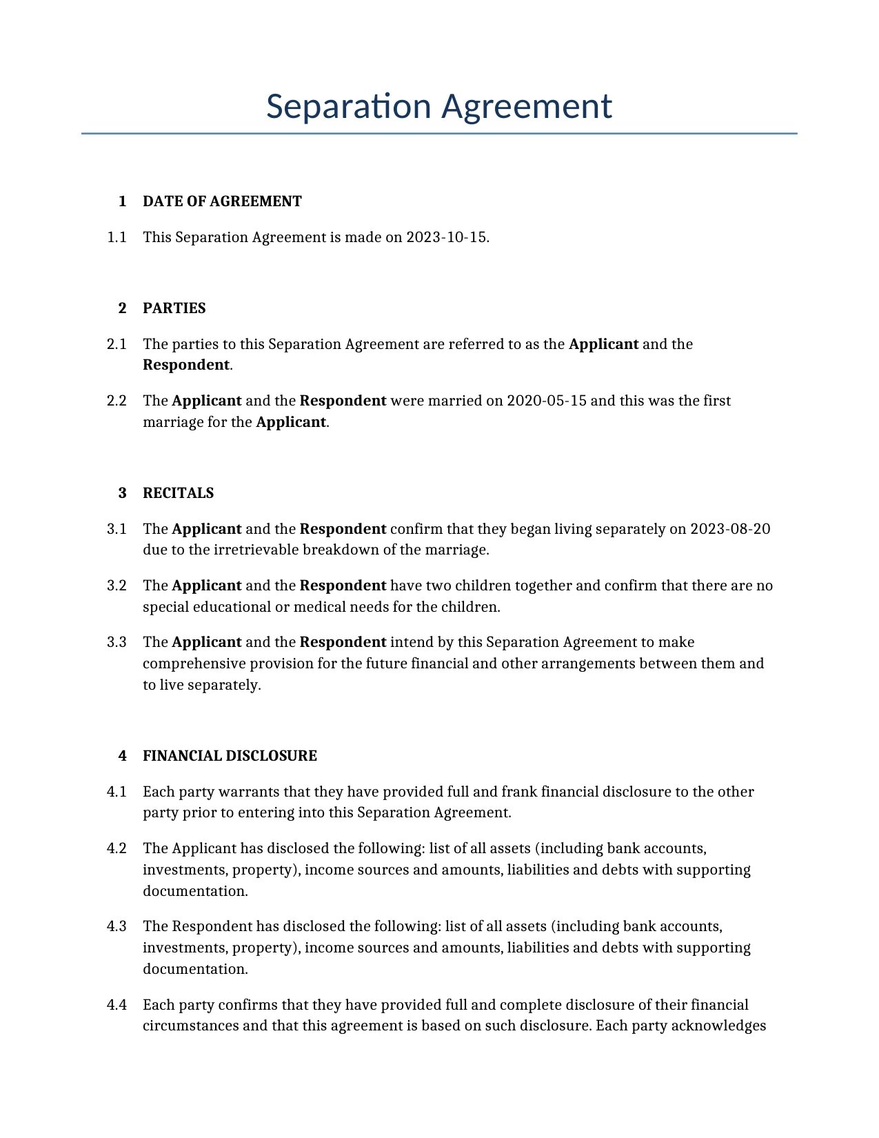 Example of a Separation Agreement for use in the United Kingdom</b> generated by our AI model.