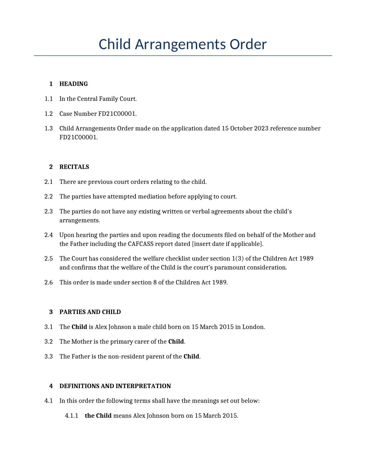 Example of a Child Arrangements Order for use in the United Kingdom</b> generated by our AI model. 