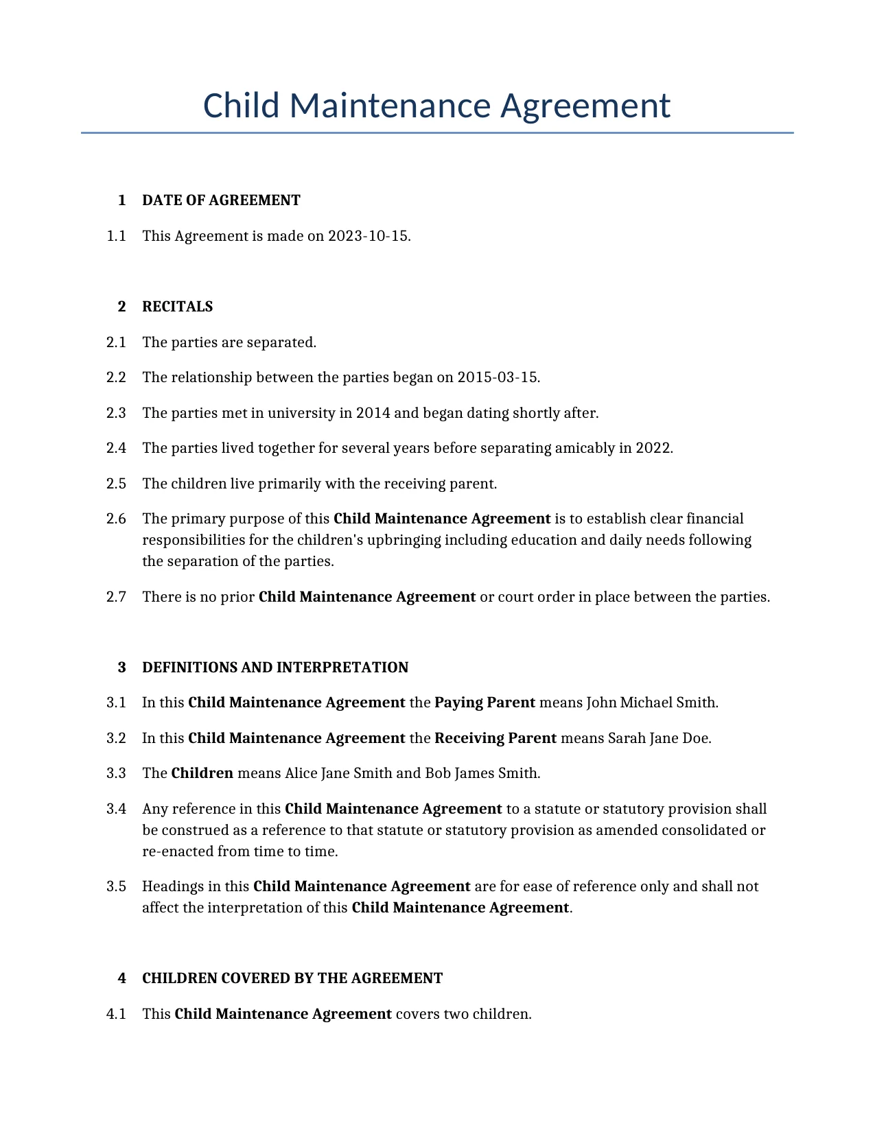 Example of a Child Maintenance Agreement for use in the United Kingdom</b> generated by our AI model. 