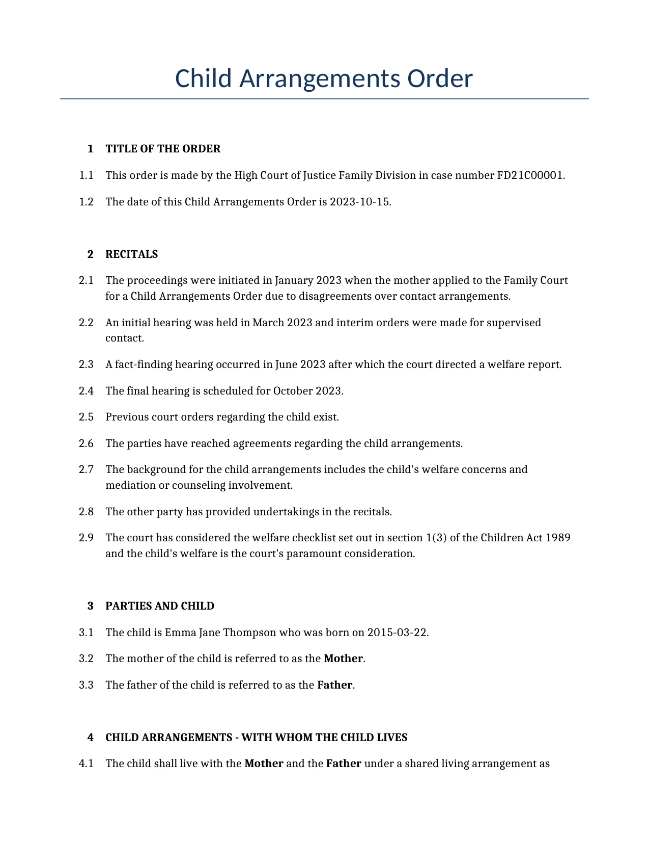 Example of a Child Arrangements Order for use in the United Kingdom</b> generated by our AI model. 