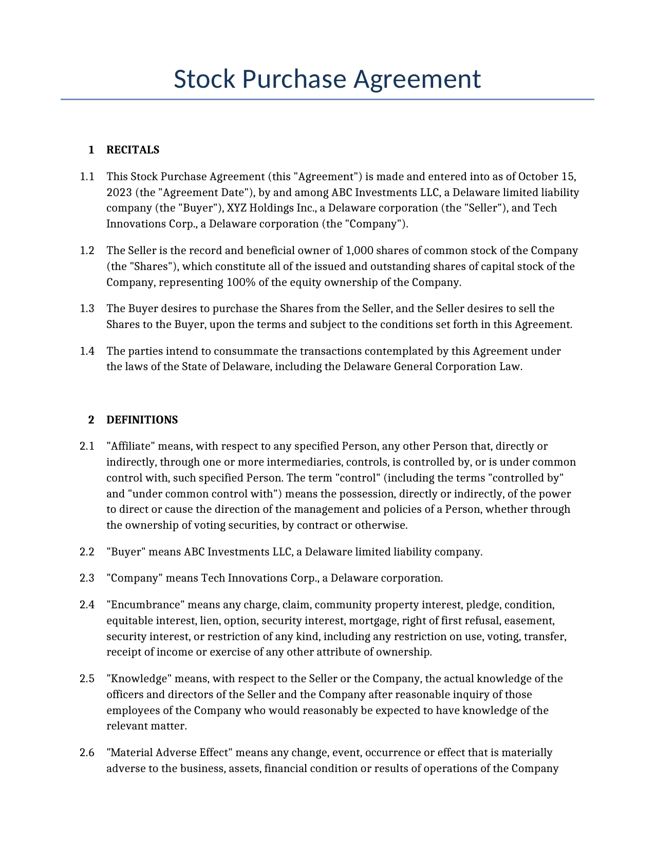 Example of a Stock Purchase Agreement for use in the United States</b> generated by our AI model. 