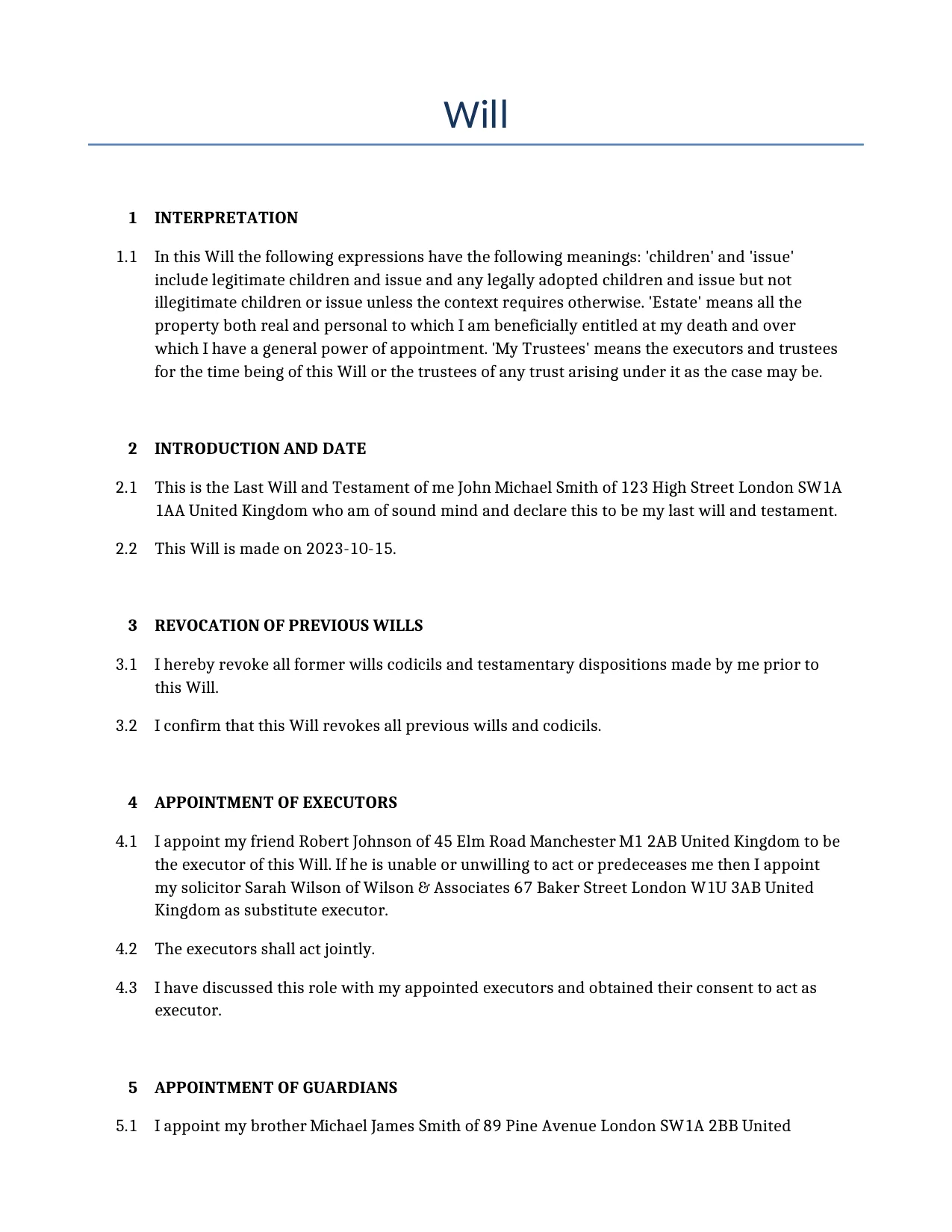 Example of a Will for use in the United Kingdom</b> generated by our AI model. 
