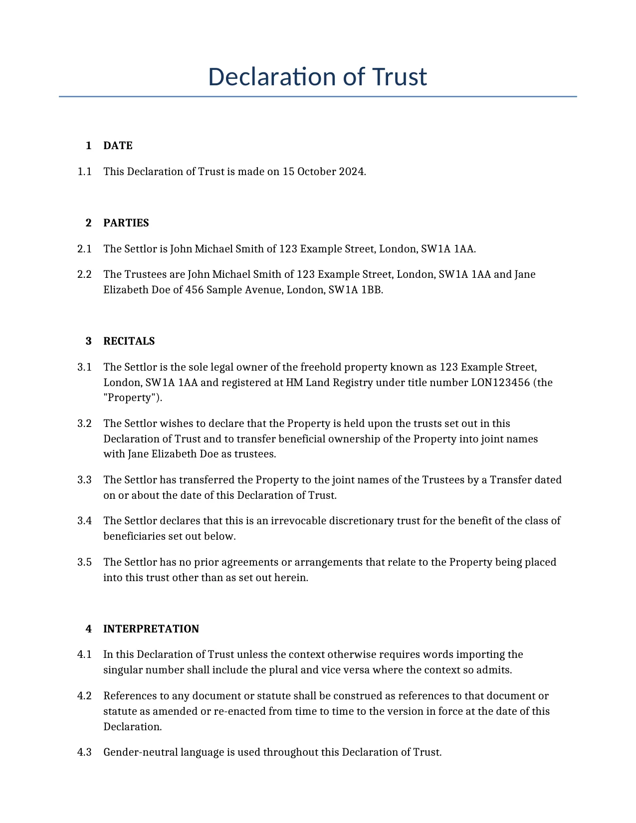 Example of a Declaration of Trust for use in the United Kingdom</b> generated by our AI model. 