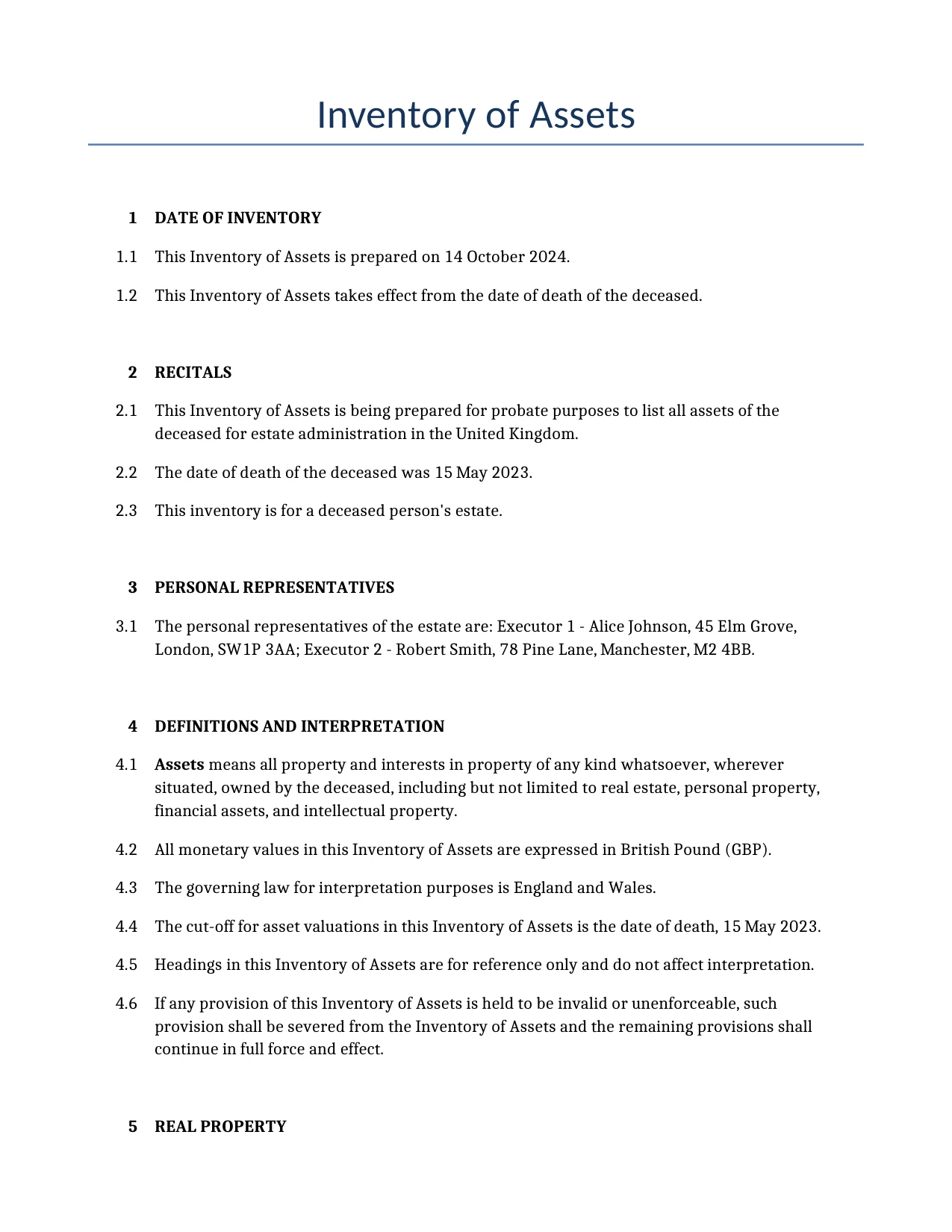 Example of a Inventory of Assets for use in the United Kingdom</b> generated by our AI model.