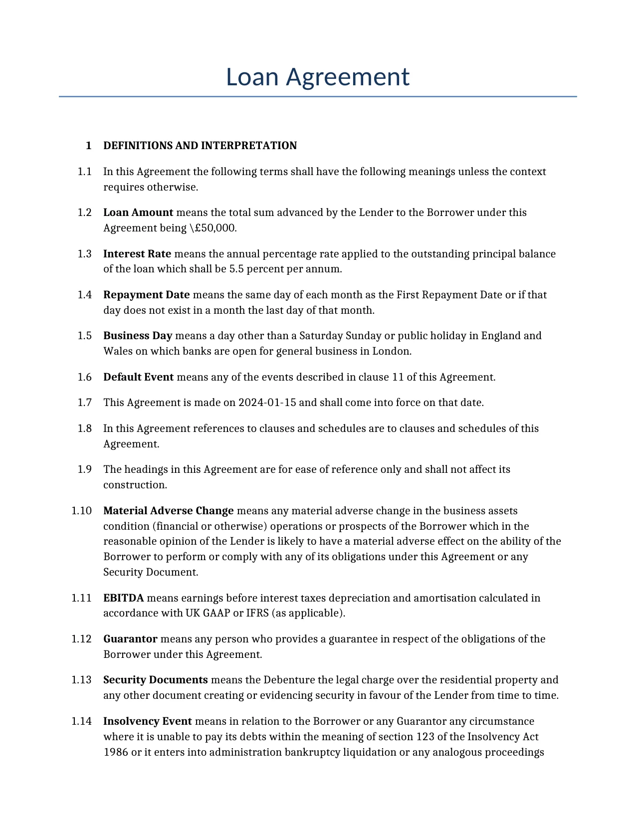 Example of a Loan Agreement for use in the United Kingdom</b> generated by our AI model. 