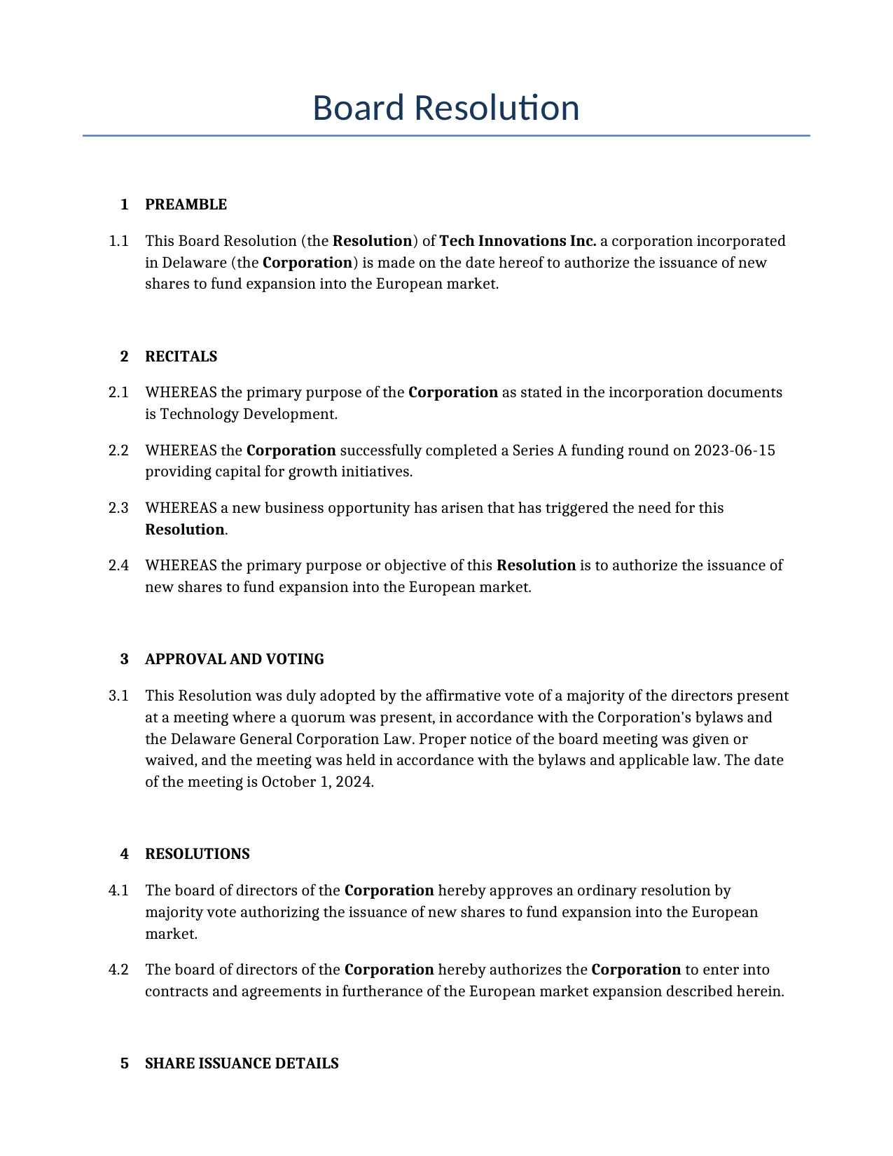 Example of a Board Resolution for use in the United States</b> generated by our AI model. 