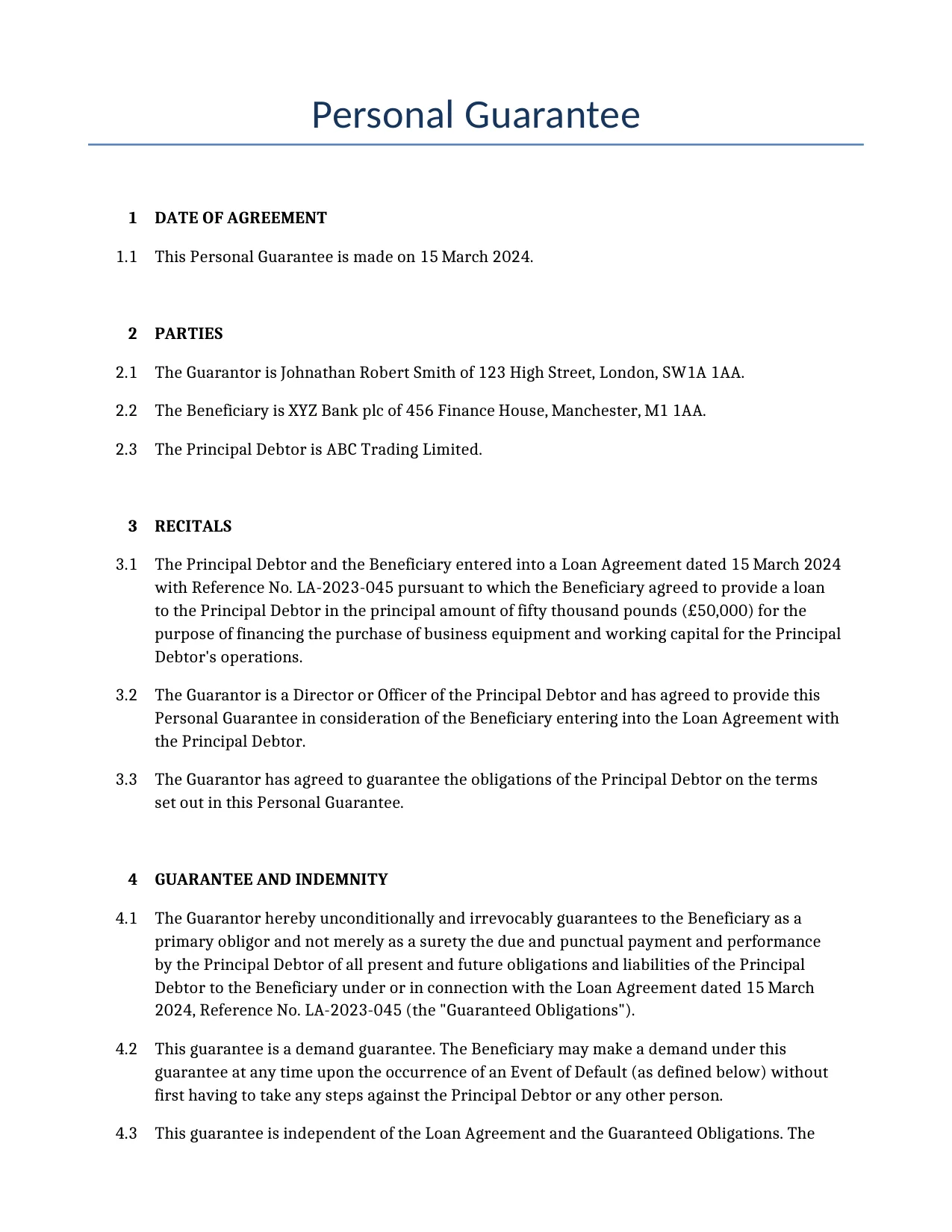 Example of a Personal Guarantee for use in the United Kingdom</b> generated by our AI model.