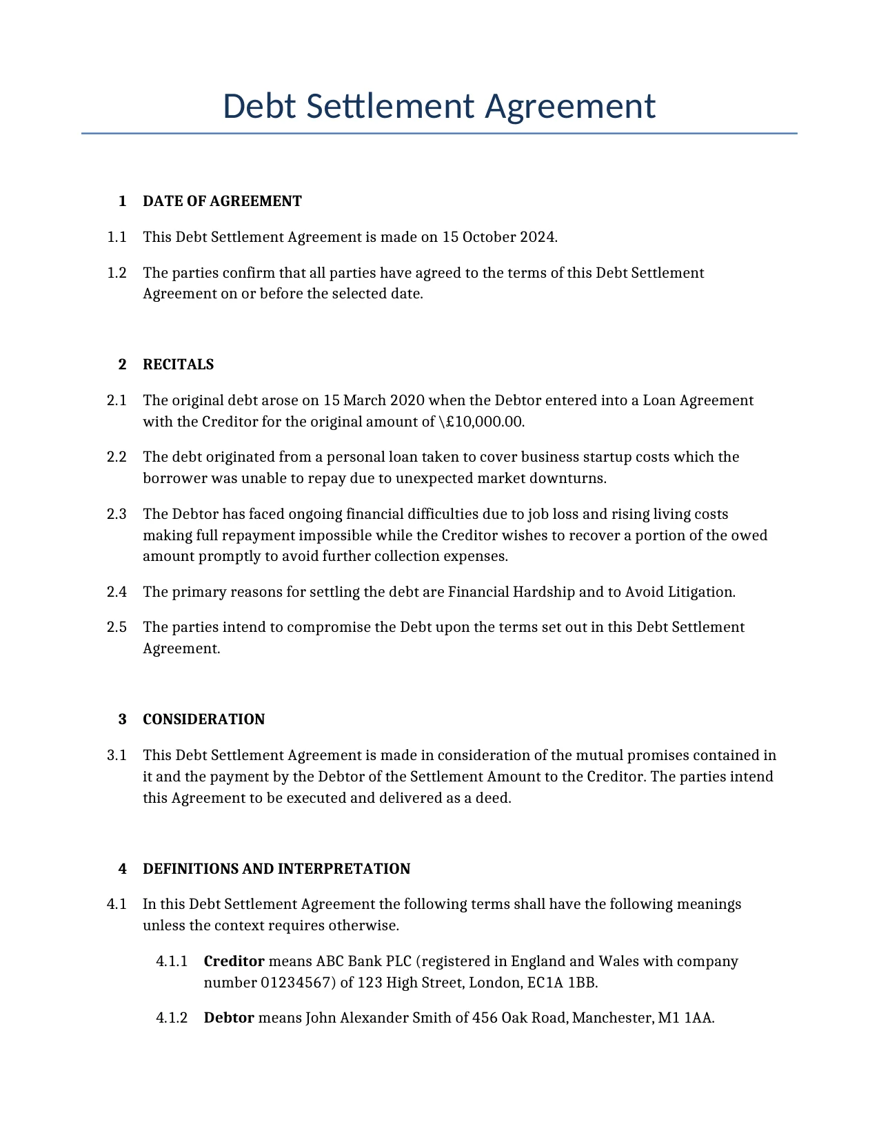 Example of a Debt Settlement Agreement for use in the United Kingdom</b> generated by our AI model. 