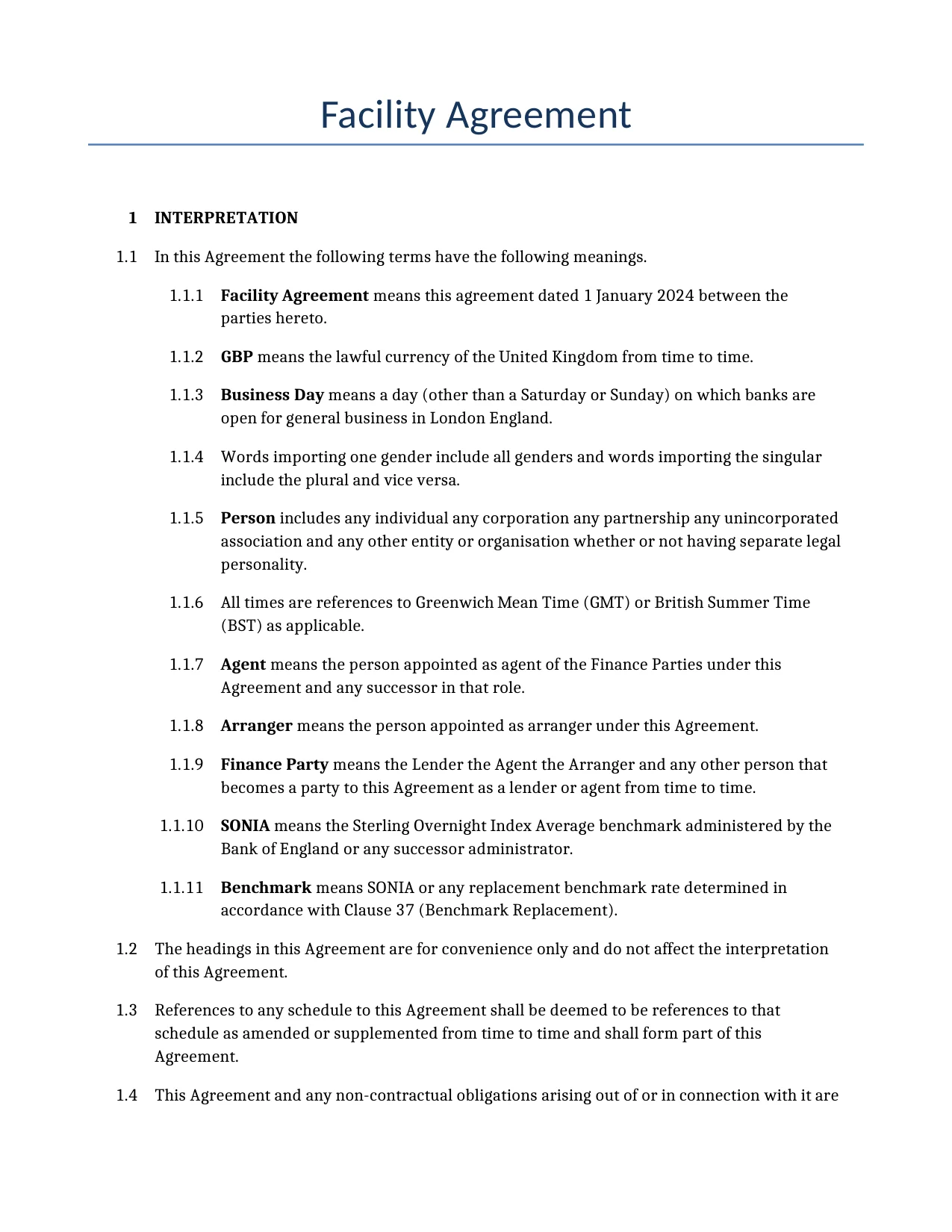 Example of a Facility Agreement for use in the United Kingdom</b> generated by our AI model. 