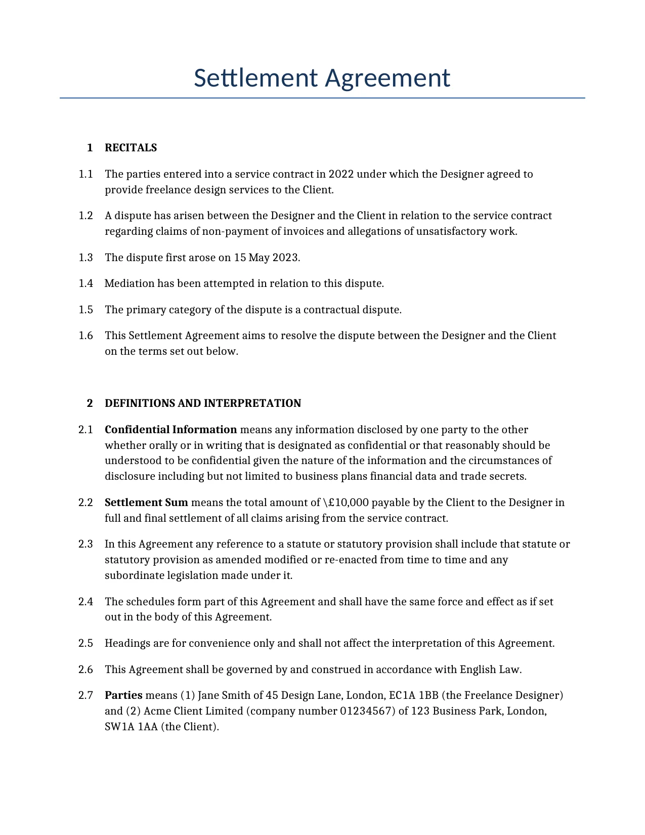 Example of a Settlement Agreement for use in the United Kingdom</b> generated by our AI model.