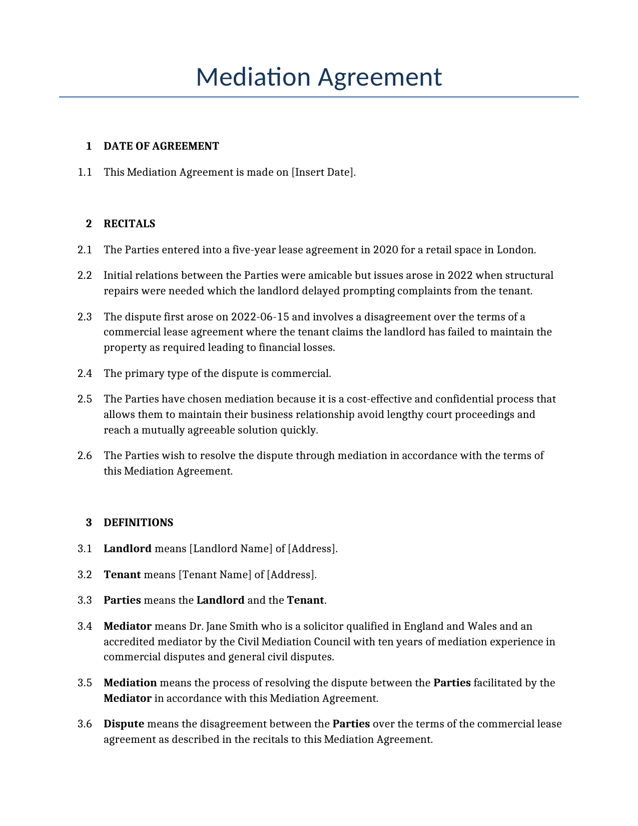 Example of a Mediation Agreement for use in the United Kingdom</b> generated by our AI model. 