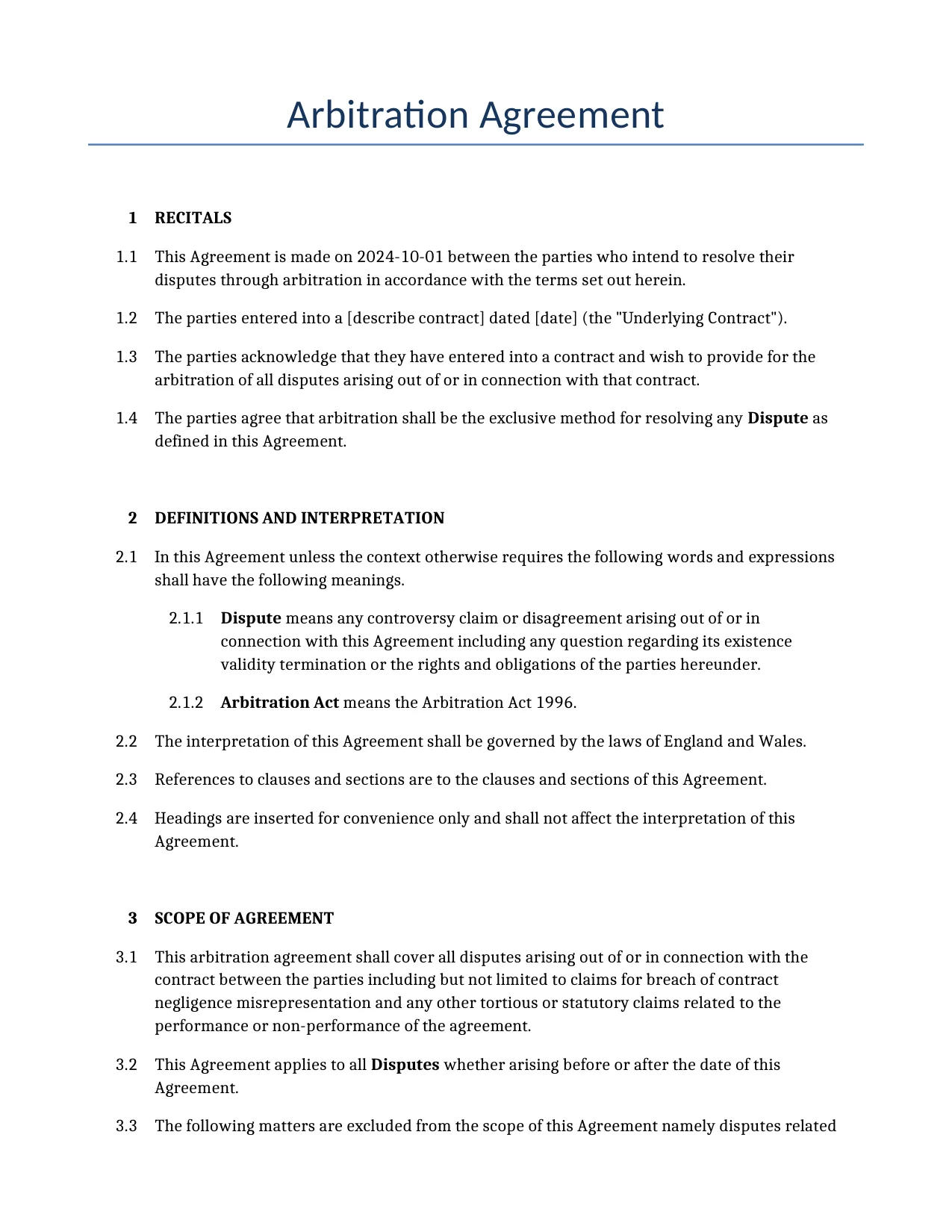 Example of a Arbitration Agreement for use in the United Kingdom</b> generated by our AI model.