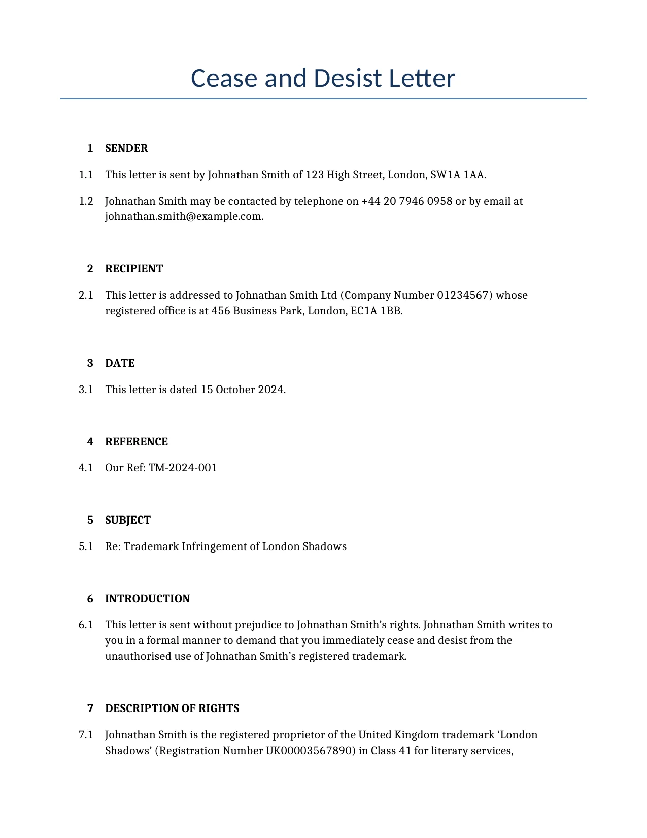 Example of a Cease and Desist Letter for use in the United Kingdom</b> generated by our AI model. 