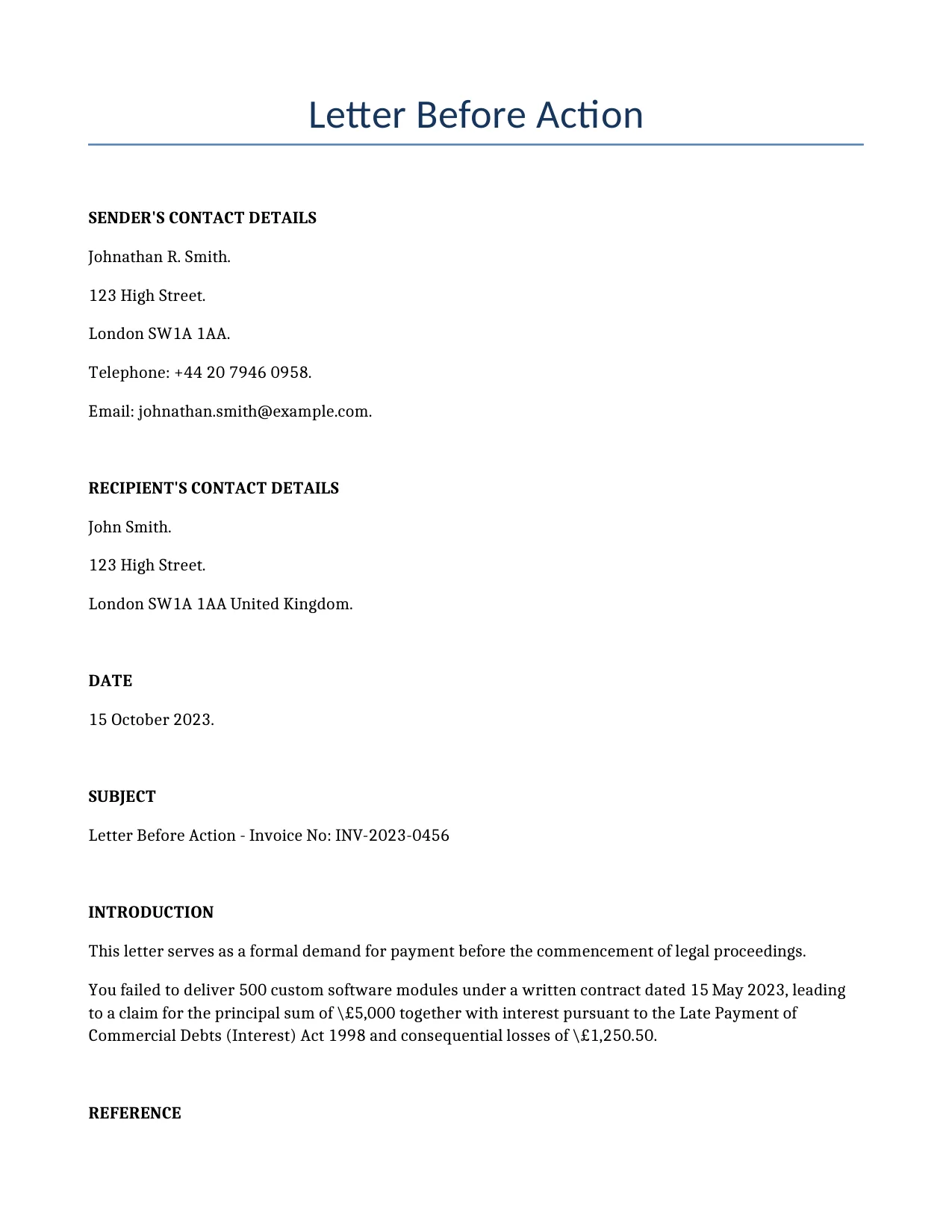 Example of a Letter Before Action for use in the United Kingdom</b> generated by our AI model.