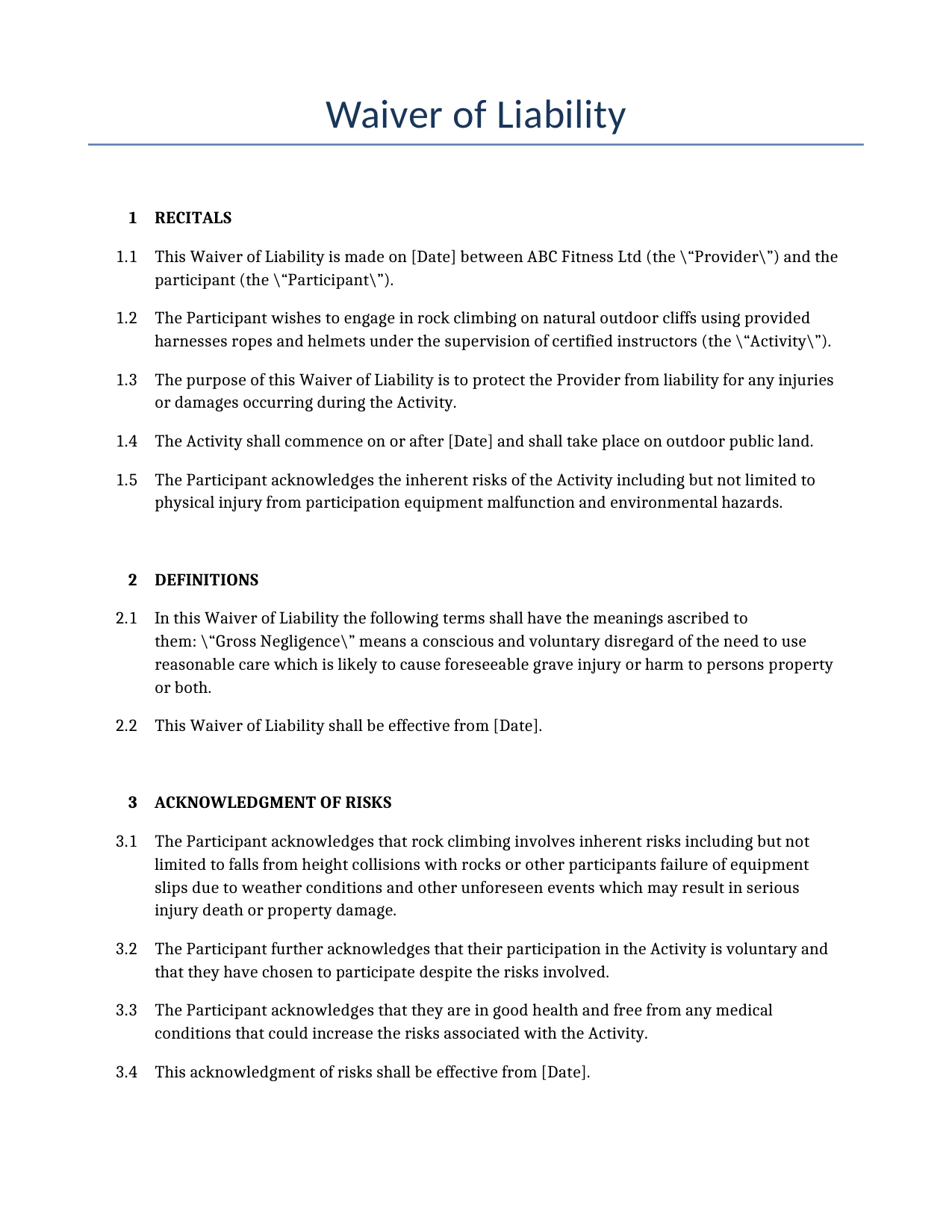 Example of a Waiver of Liability for use in the United Kingdom</b> generated by our AI model. 
