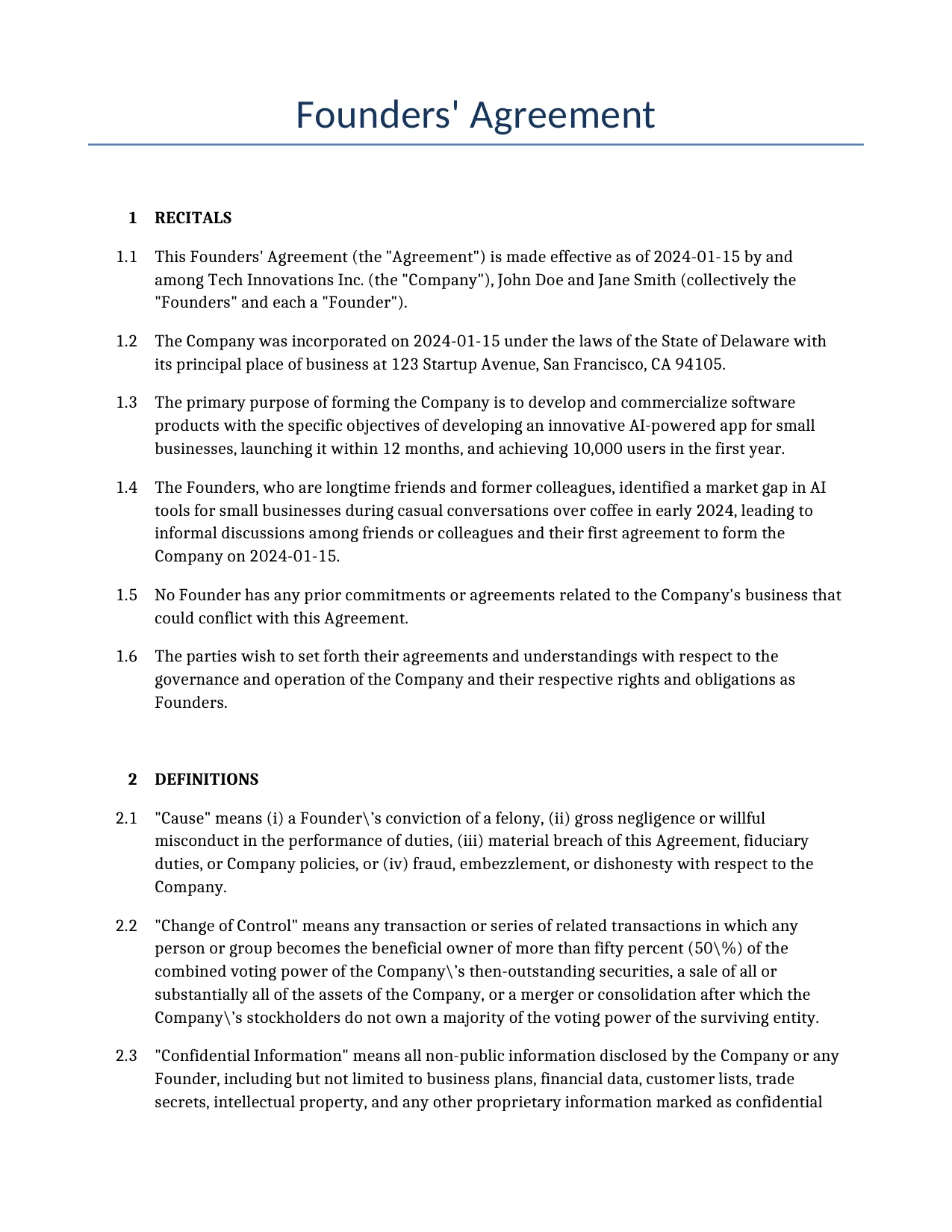 Example of a Founders' Agreement for use in the United States</b> generated by our AI model. 