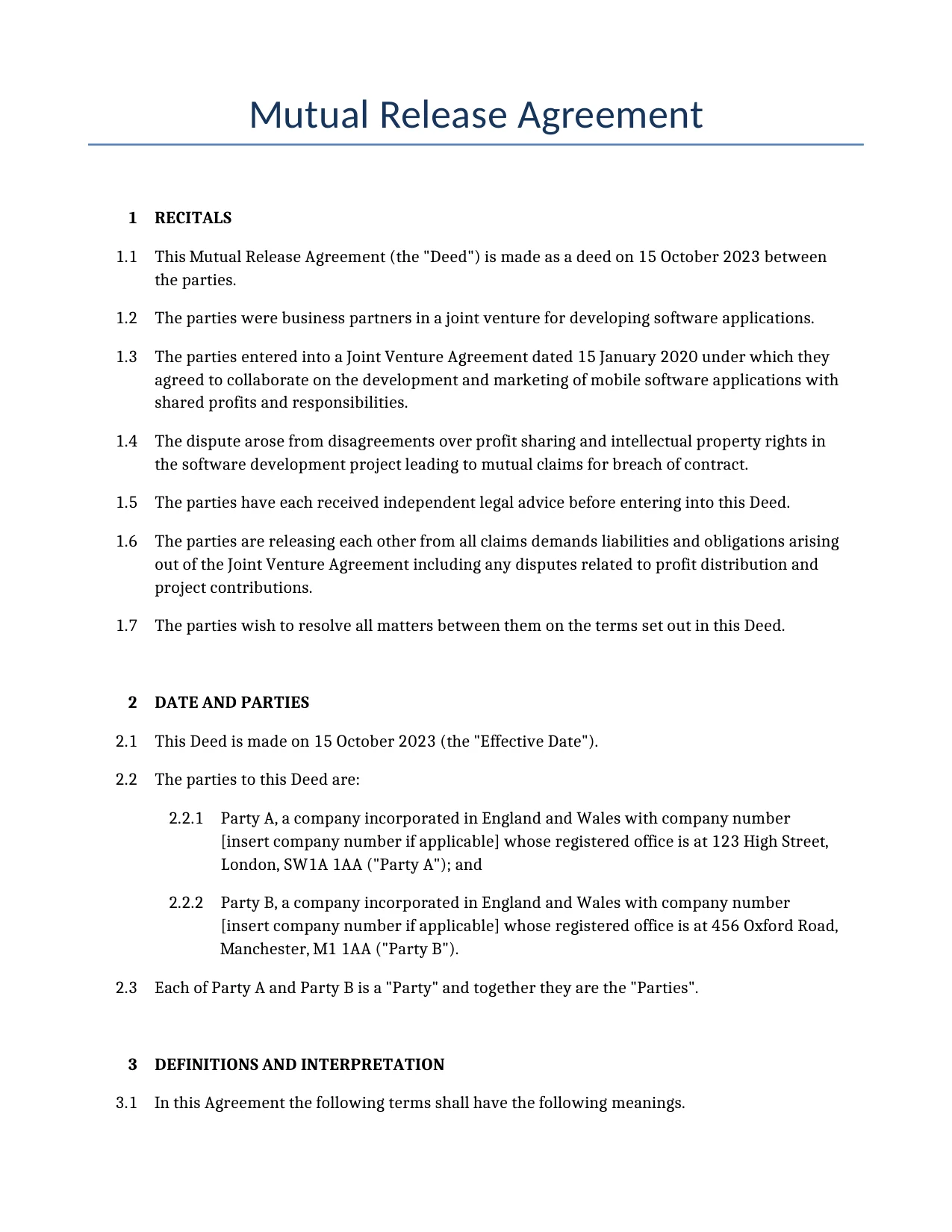 Example of a Mutual Release Agreement for use in the United Kingdom</b> generated by our AI model. 