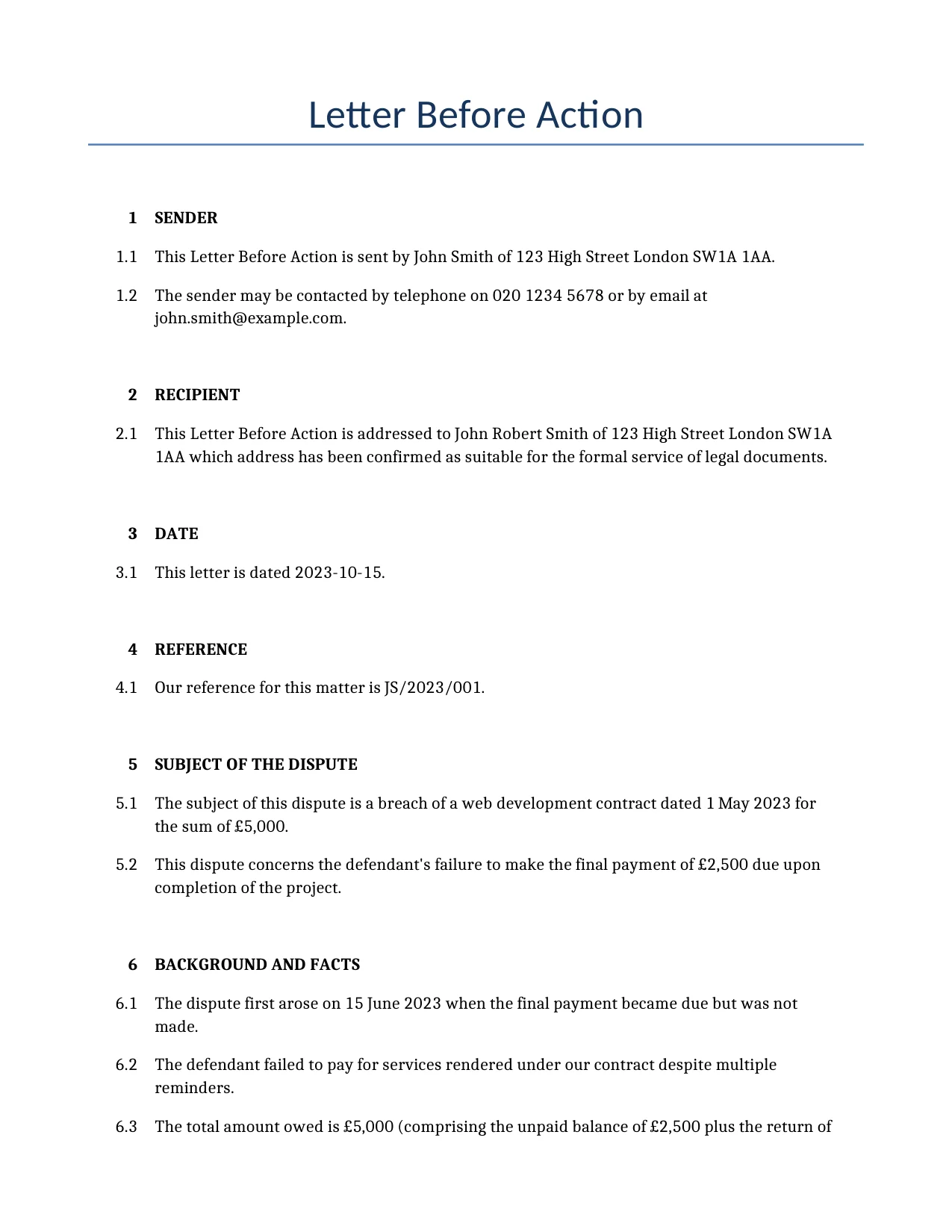 Example of a Letter Before Action for use in the United Kingdom</b> generated by our AI model.