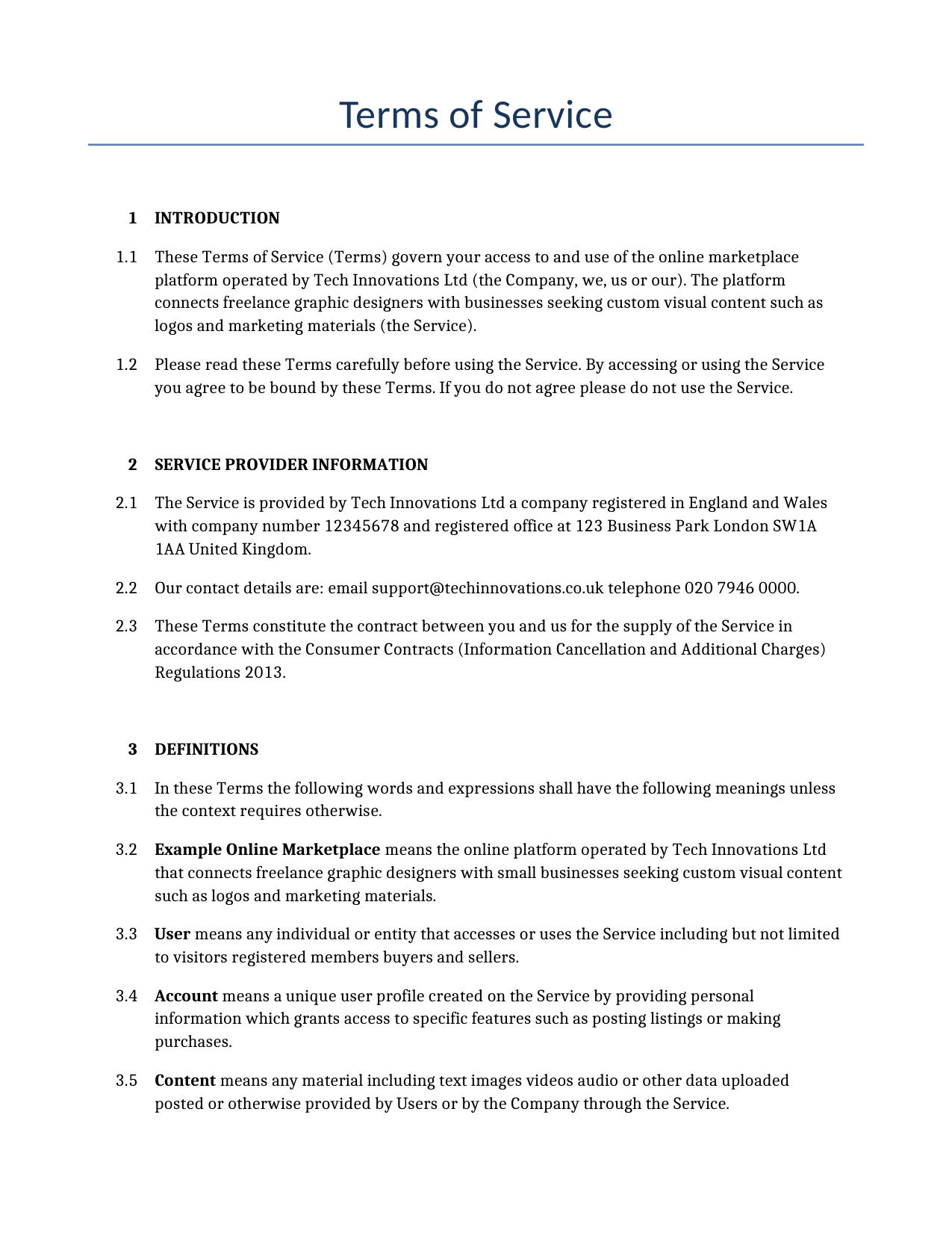 Example of a Terms of Service for use in the United Kingdom</b> generated by our AI model. 