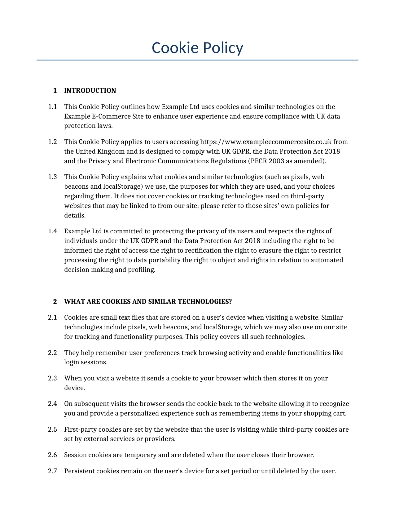Example of a Cookie Policy for use in the United Kingdom</b> generated by our AI model. 