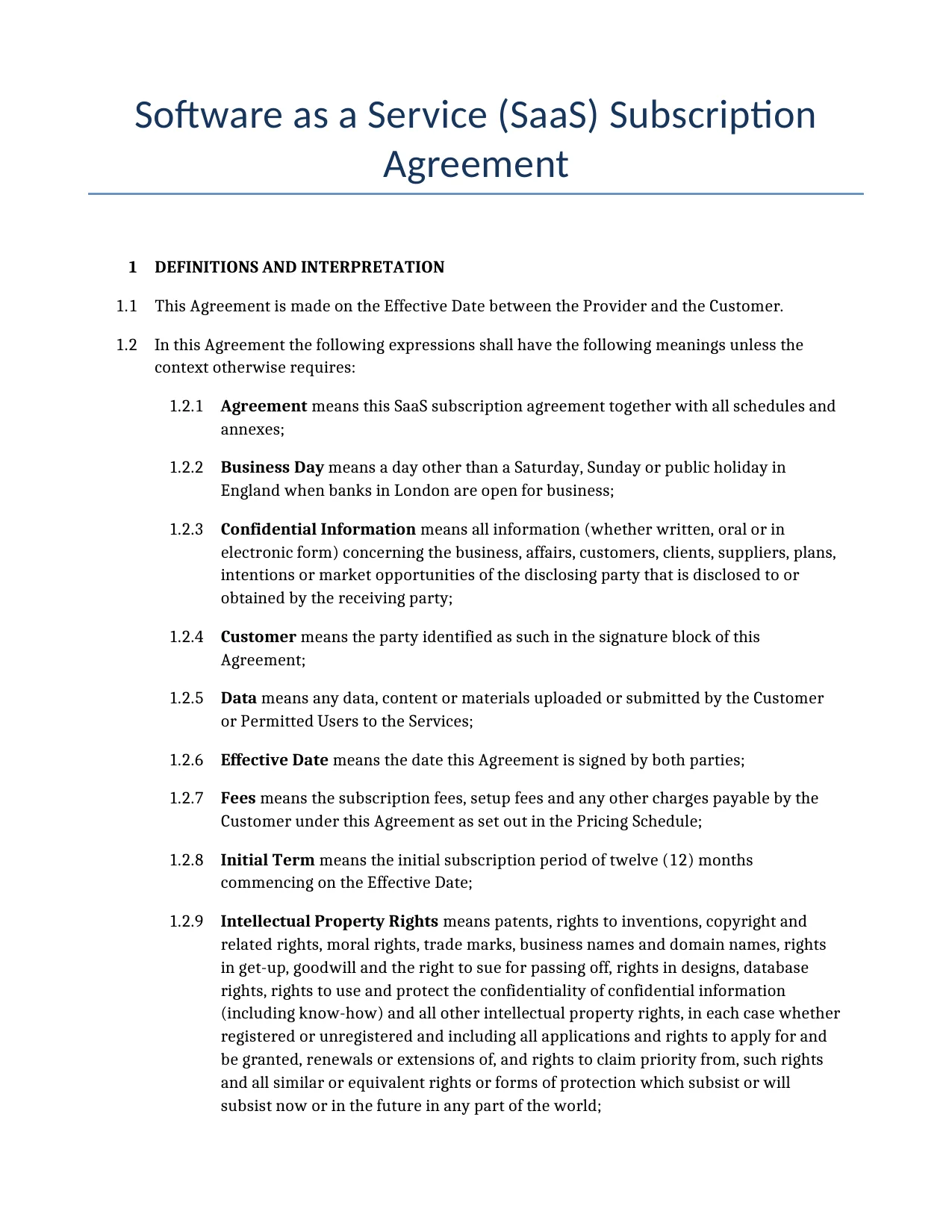 Example of a Software as a Service (SaaS) Subscription Agreement for use in the United Kingdom</b> generated by our AI model.