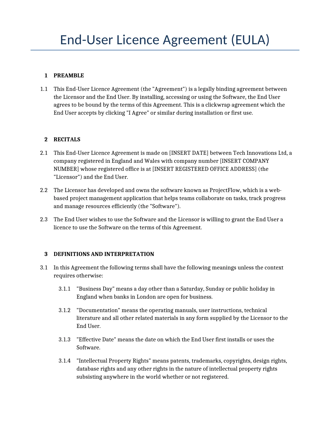 Example of a End-User Licence Agreement (EULA) for use in the United Kingdom</b> generated by our AI model. 