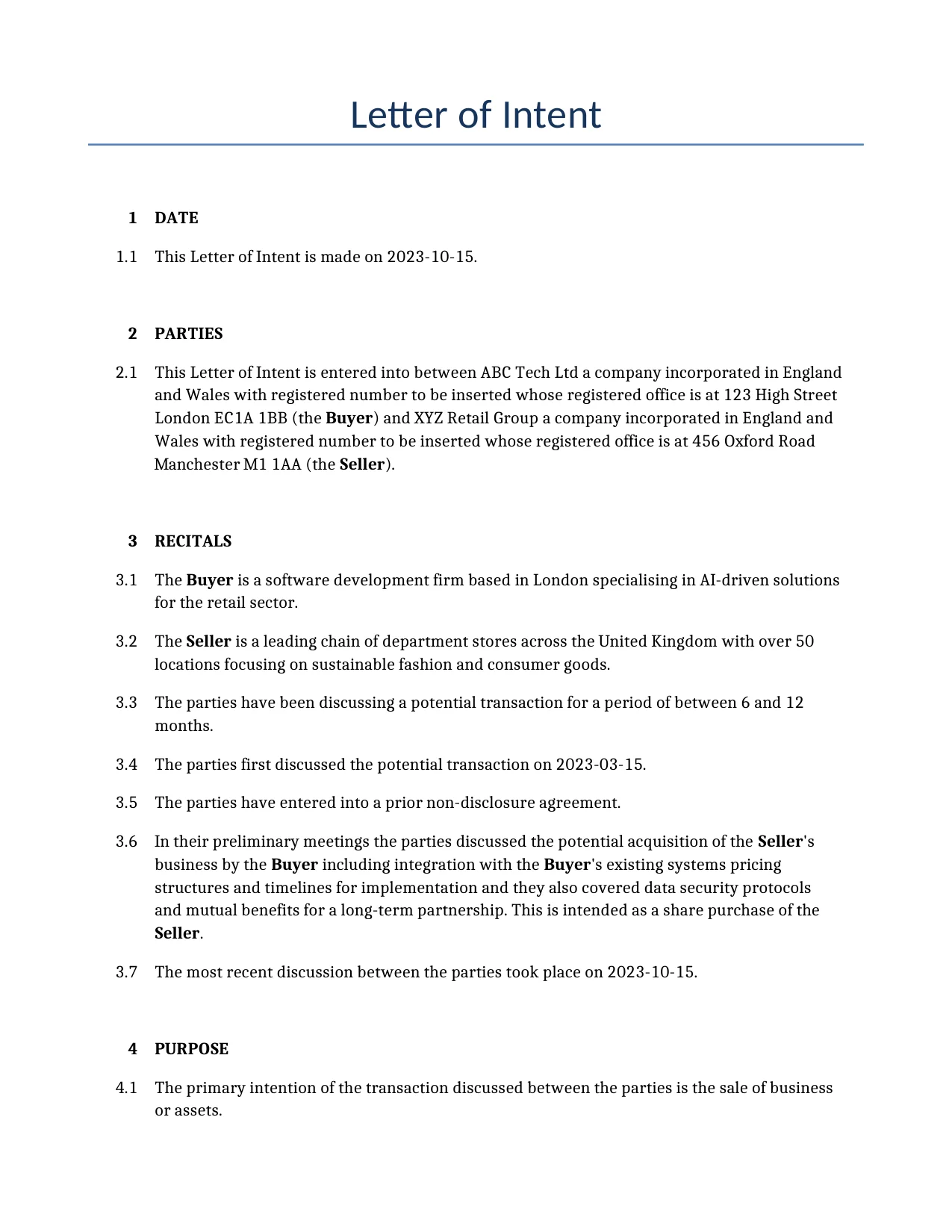 Example of a Letter of Intent for use in the United Kingdom</b> generated by our AI model.