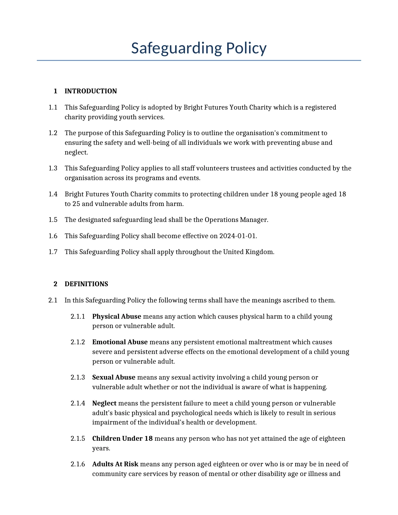 Example of a Safeguarding Policy for use in the United Kingdom</b> generated by our AI model.