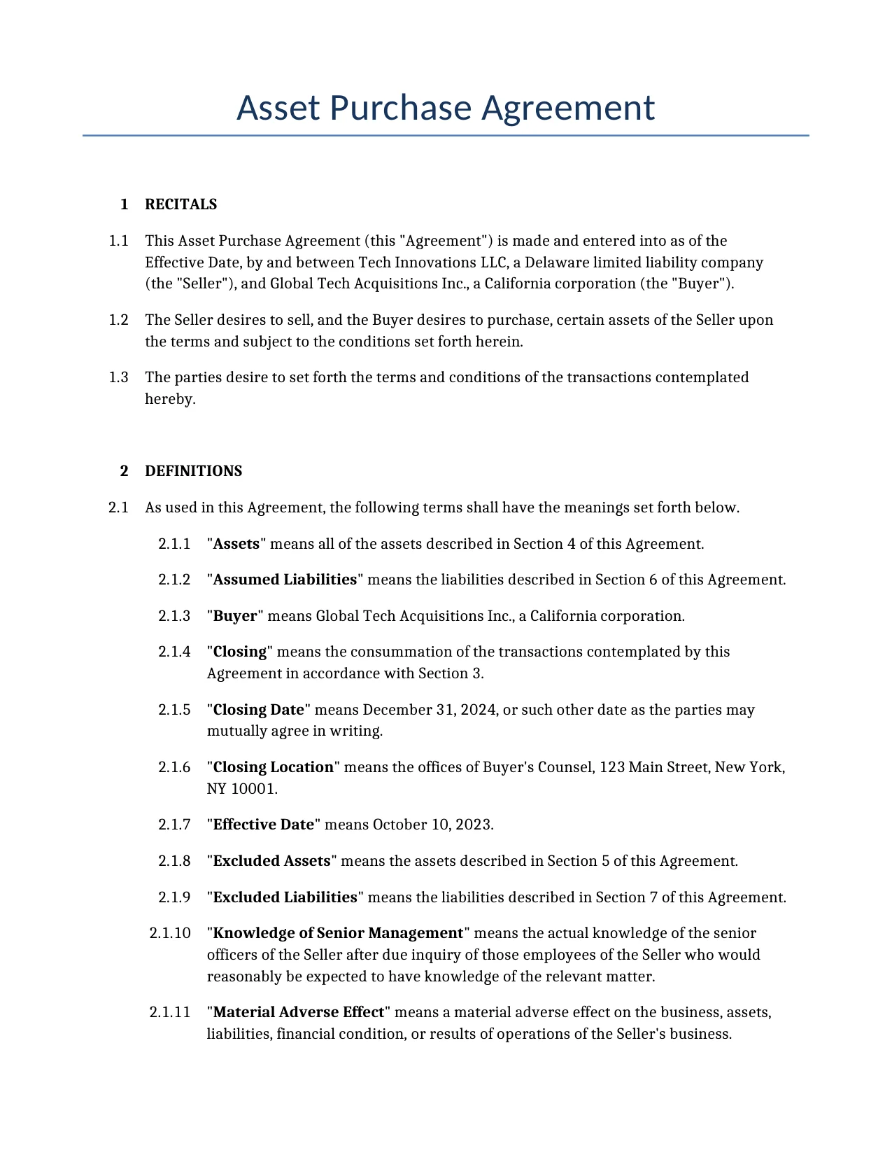 Example of a Asset Purchase Agreement for use in the United States</b> generated by our AI model.