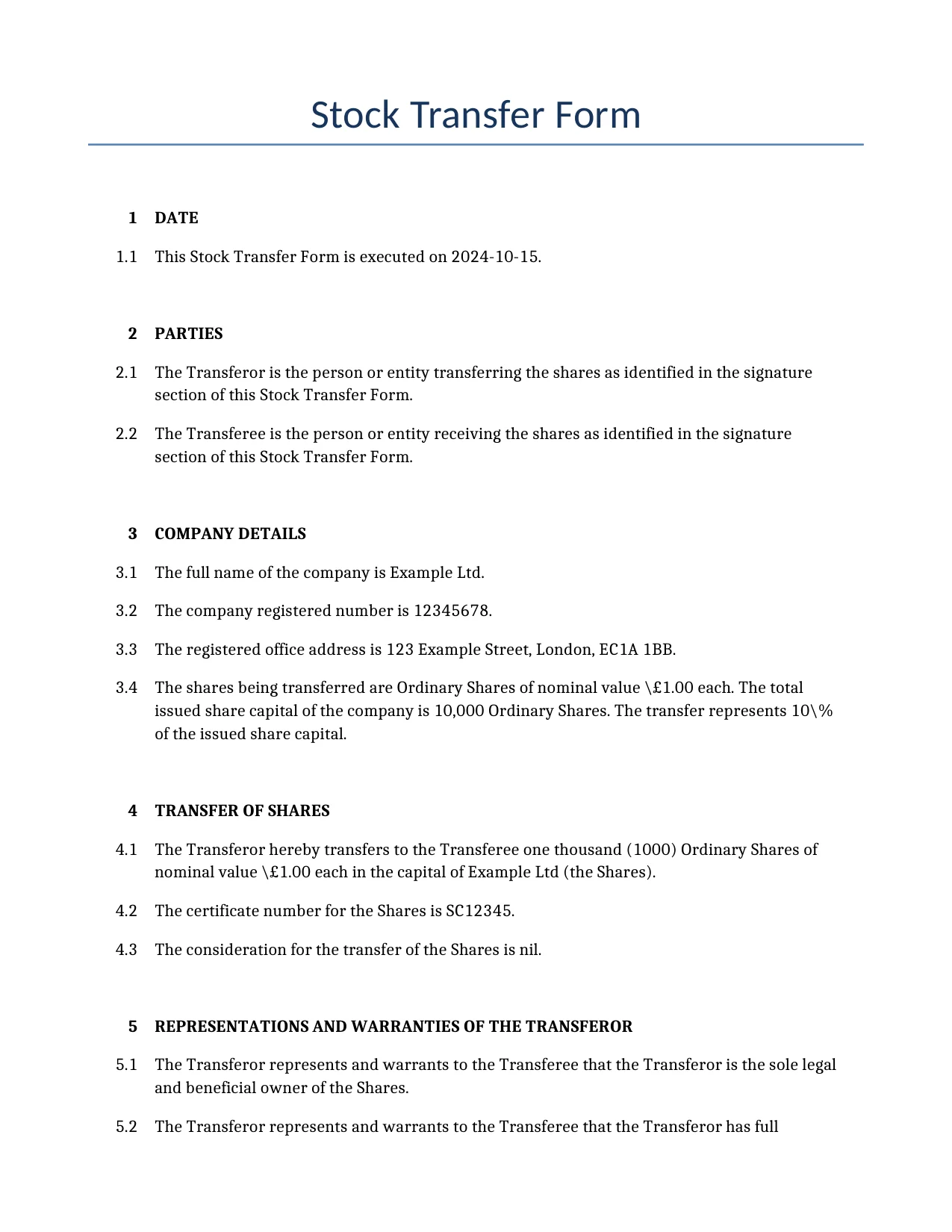 Example of a Stock Transfer Form for use in the United Kingdom</b> generated by our AI model. 