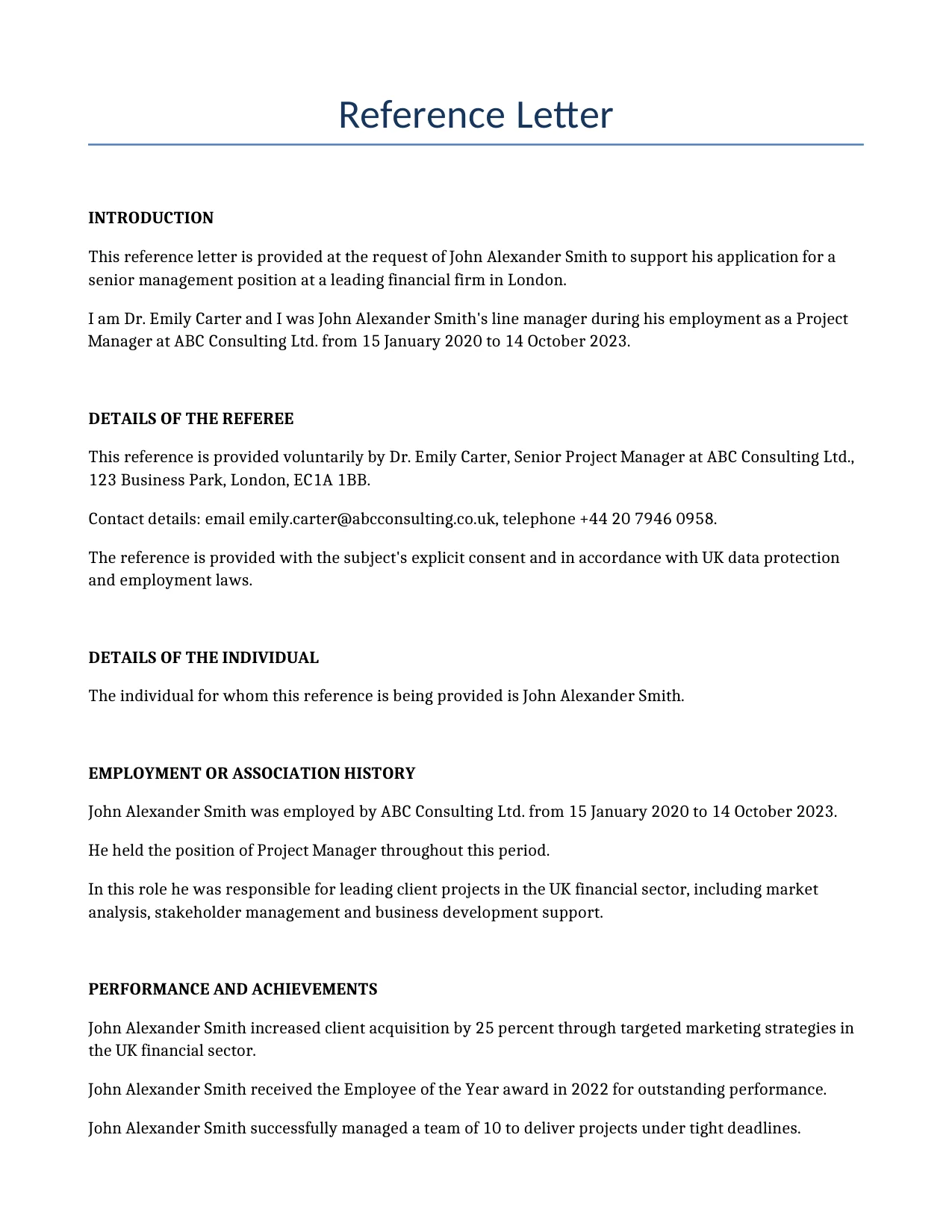 Example of a Reference Letter for use in the United Kingdom</b> generated by our AI model. 