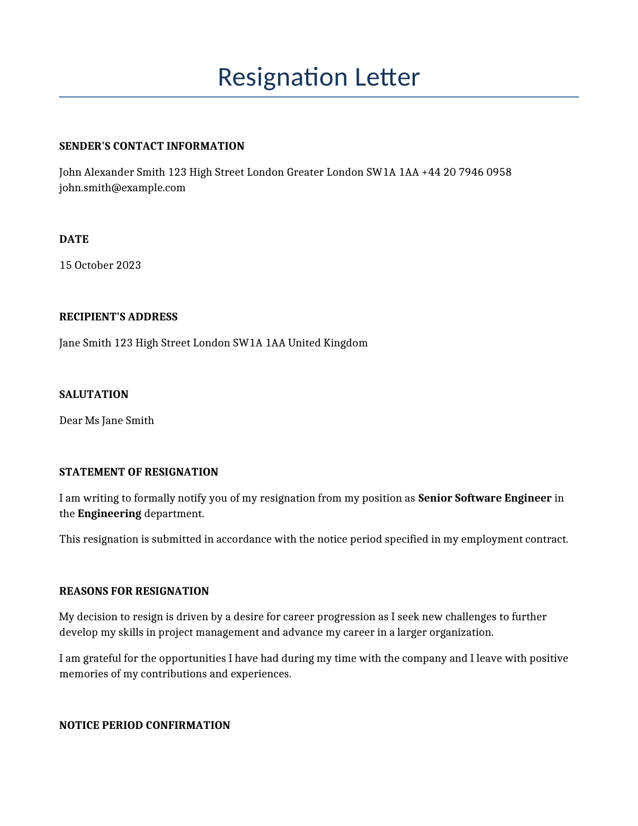 Example of a Resignation Letter for use in the United Kingdom</b> generated by our AI model.