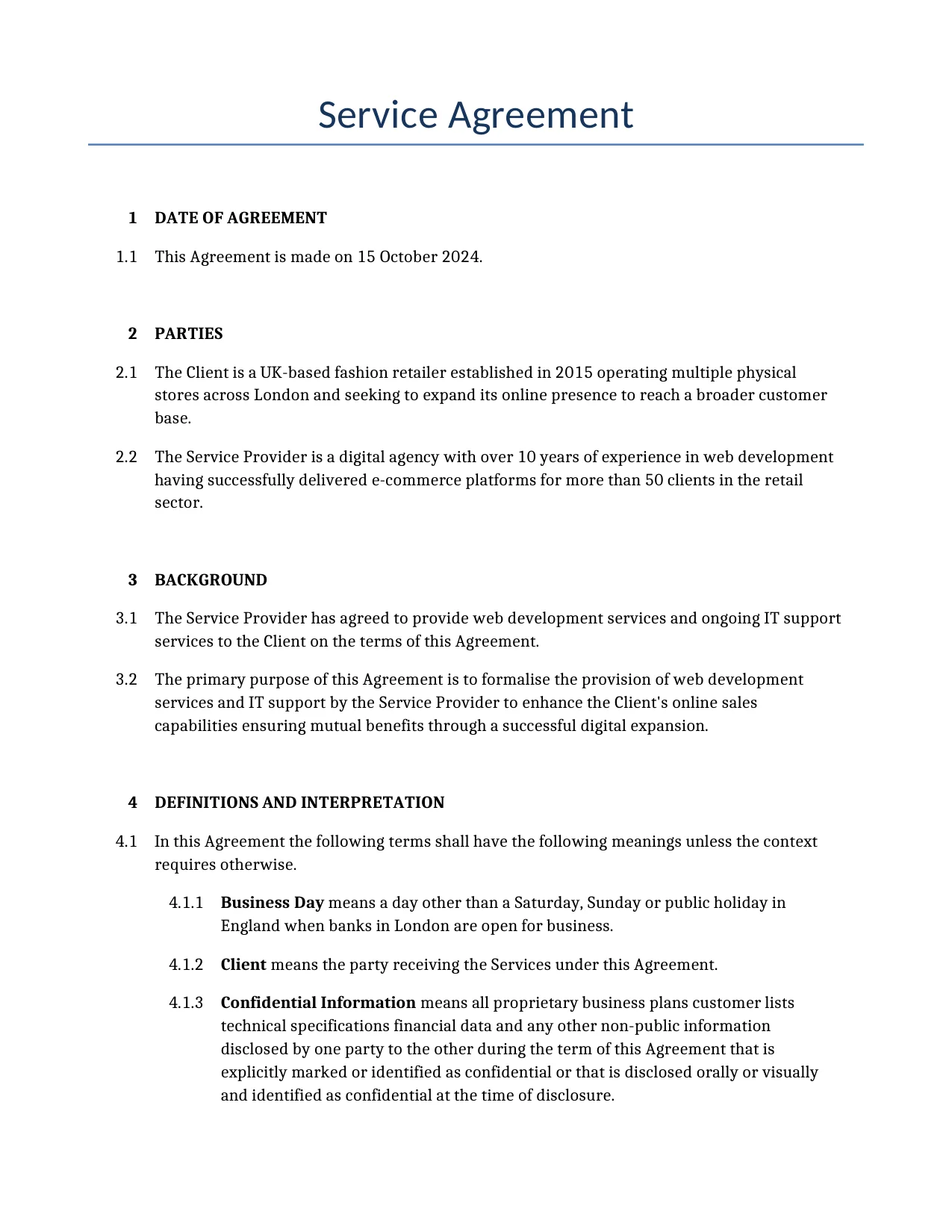 Example of a Service Agreement for use in the United Kingdom</b> generated by our AI model. 