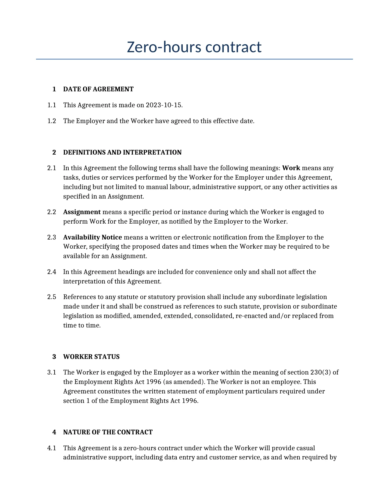 Example of a Zero-hours contract for use in the United Kingdom</b> generated by our AI model. 